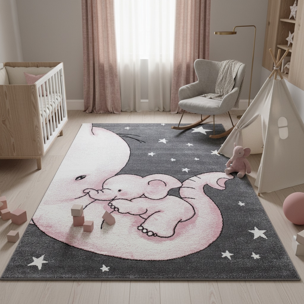 Kinderteppich TASNA, mit Elefanten-Motiv, Rosa, 80 x 150 cm