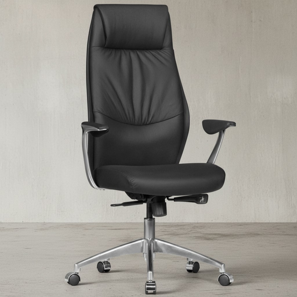 B&uuml;rostuhl Echtleder mit Synchronmechanik, Kopfst&uuml;tze und hoher R&uuml;ckenlehne, Schwarz 67x58x125 cm 