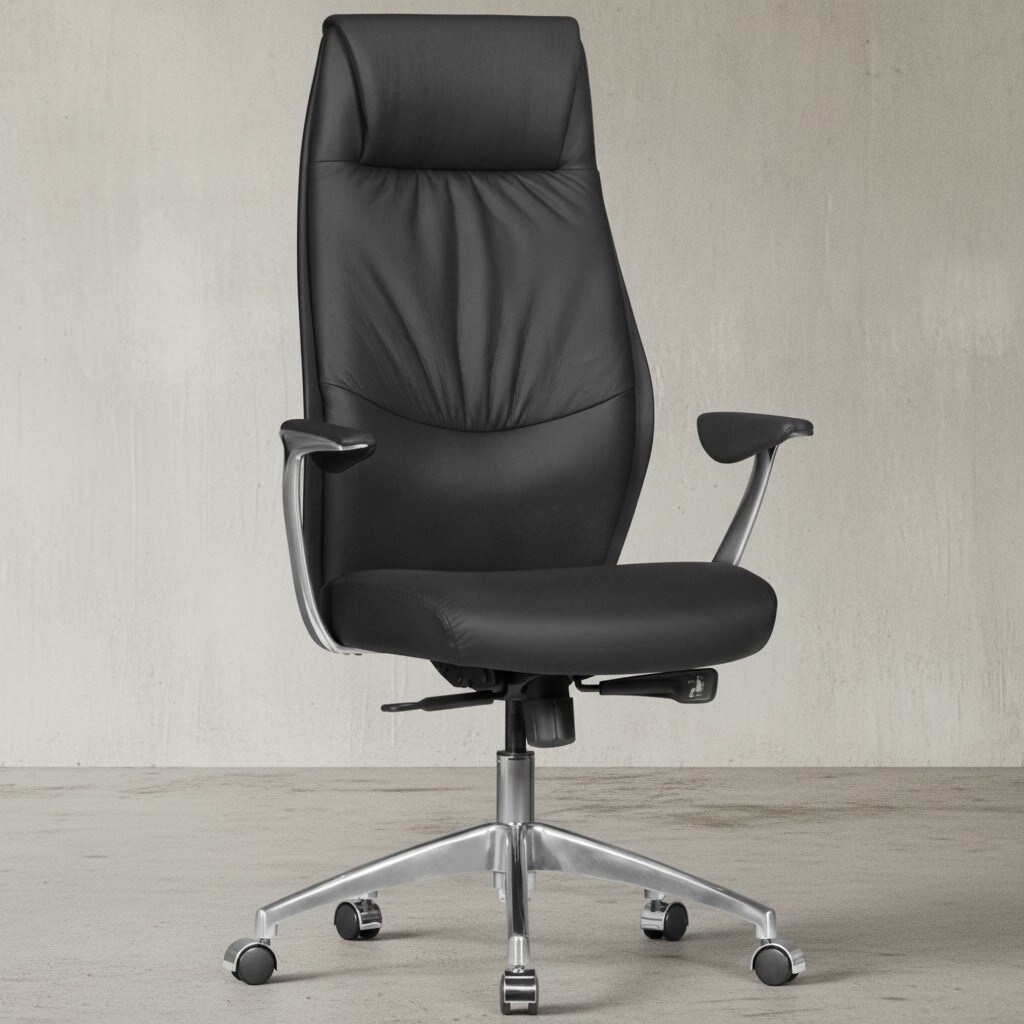 Bürostuhl Echtleder mit Synchronmechanik, Kopfstütze und hoher Rückenlehne, Schwarz 67x58x125 cm