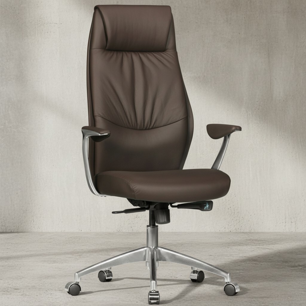 B&uuml;rostuhl Echtleder mit Synchronmechanik, Kopfst&uuml;tze und hoher R&uuml;ckenlehne, Braun 67x58x125 cm 