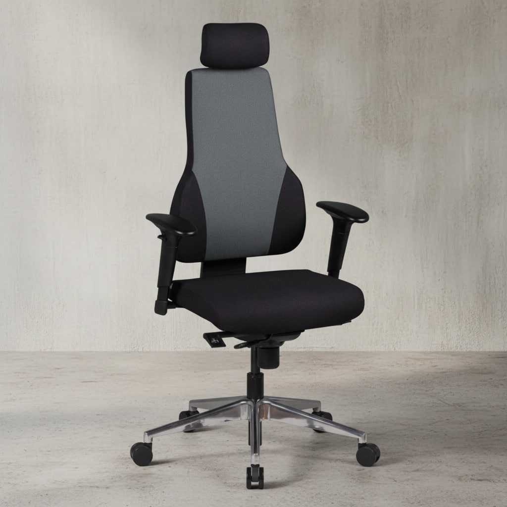 B&uuml;rostuhl Schwarz/Grau Stoff drehbar mit Synchronmechanik und Kopfst&uuml;tze QENTIN 