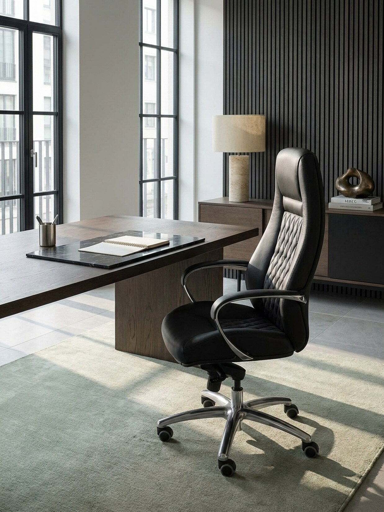 Bürostuhl Echtleder mit hoher Rückenlehne und Kopfstütze AUSTIN, Schwarz 70x68x130 cm