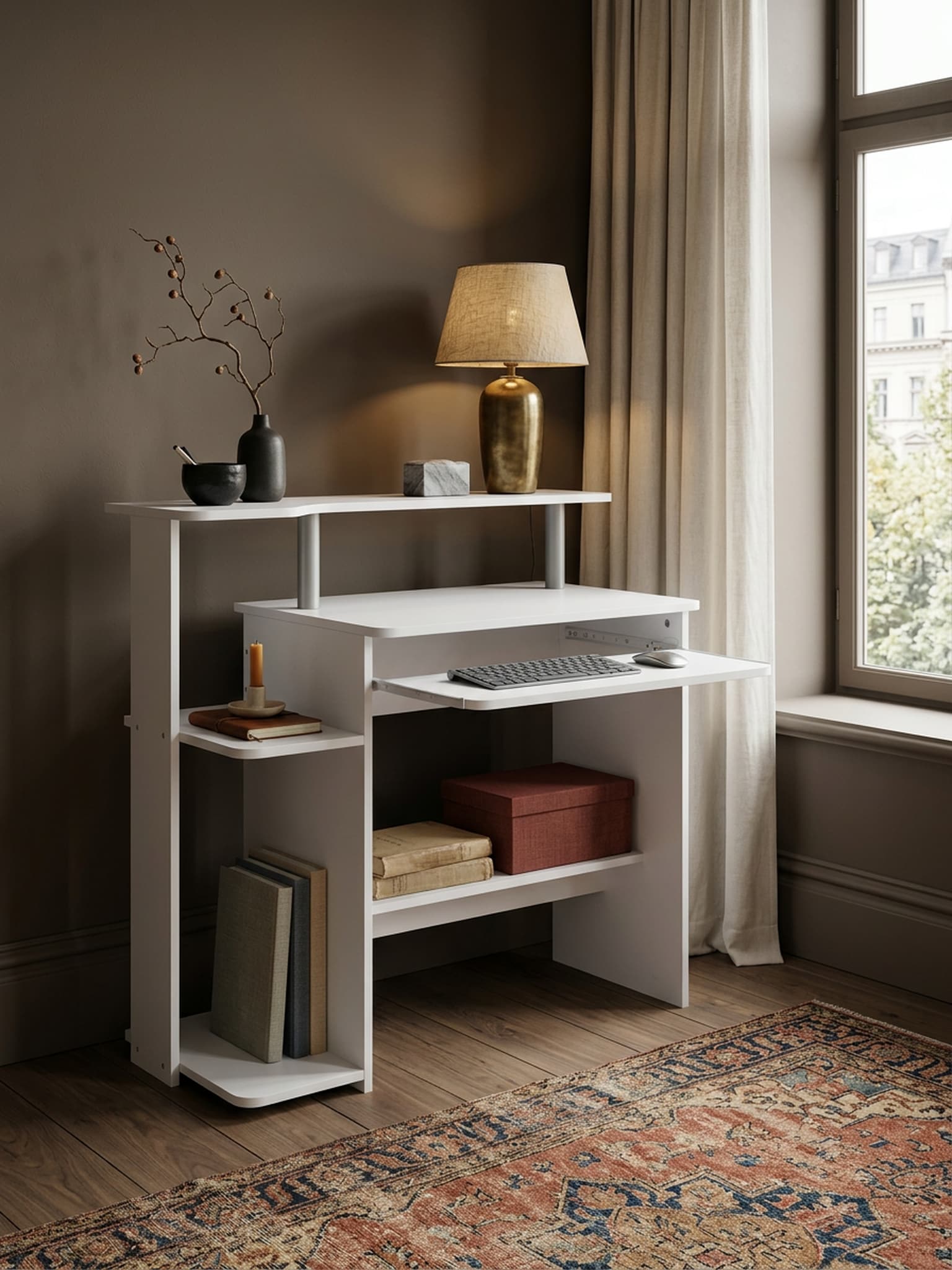 Schreibtisch &ndash; Wei&szlig;, 94x90,5x48,5 cm, Tastaturauszug, kompakt, mit Druckerablage 