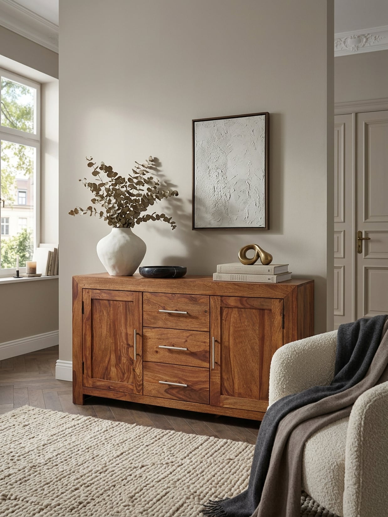 Sideboard – Massivholz, 118 cm, 3 Schubladen, 2 Türen, Landhausstil