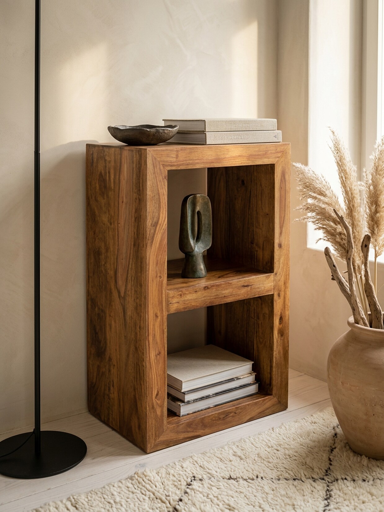 Regal Massivholz 2 Böden Landhausstil MUMBAI, Dunkelbraun 50x35x88 cm