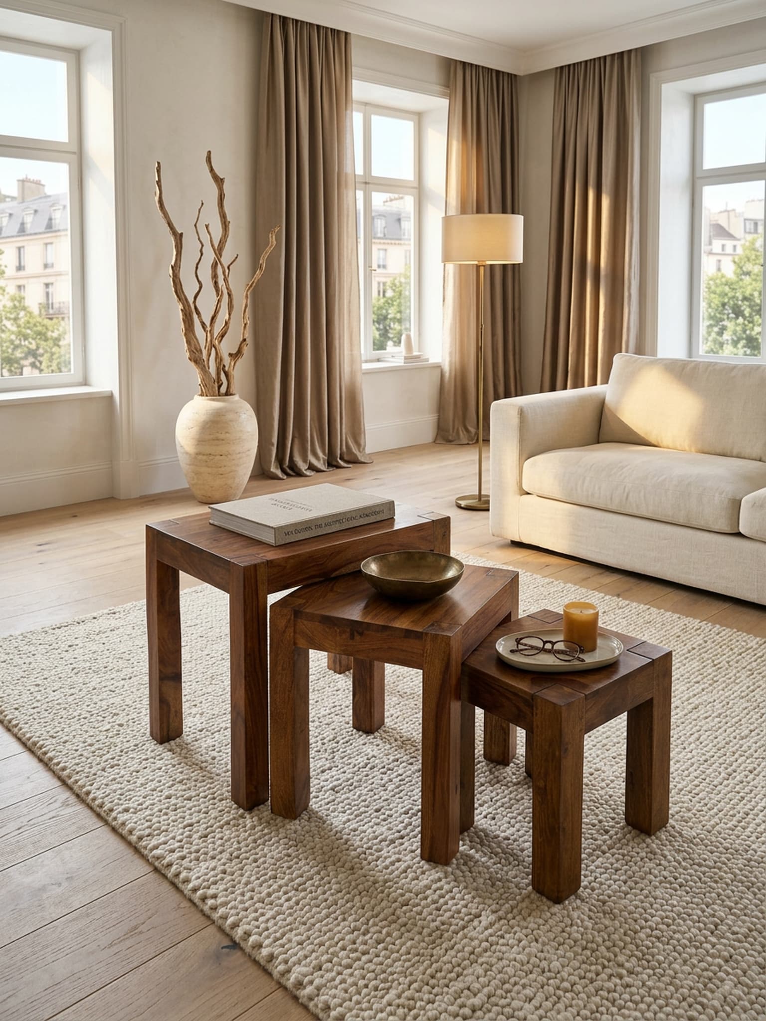 Beistelltisch 3er Set Massivholz Landhausstil MUMBAI, Dunkelbraun 35x45x50 cm 