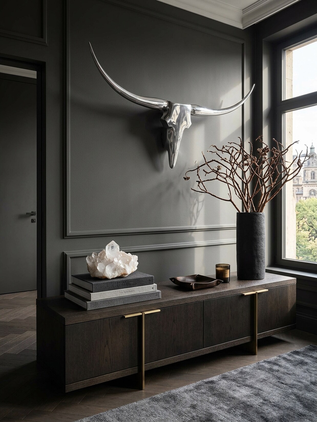 Wanddeko Geweih Bull Aluminium 125 cm breit, Silbern 125x10x60 cm