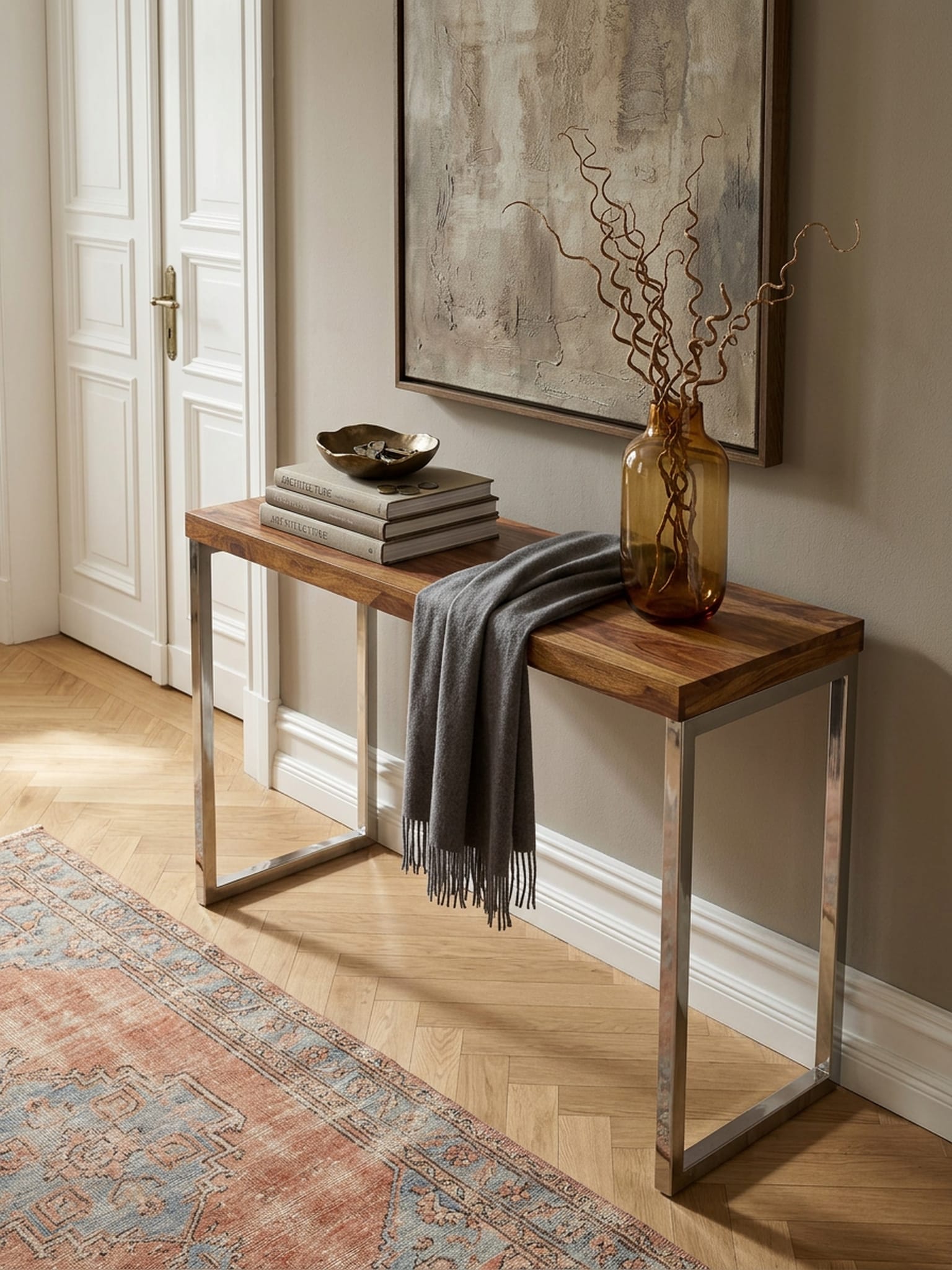 Konsolentisch Massivholz Metallbeine Landhausstil GUNA, Dunkelbraun 45x120x76 cm 