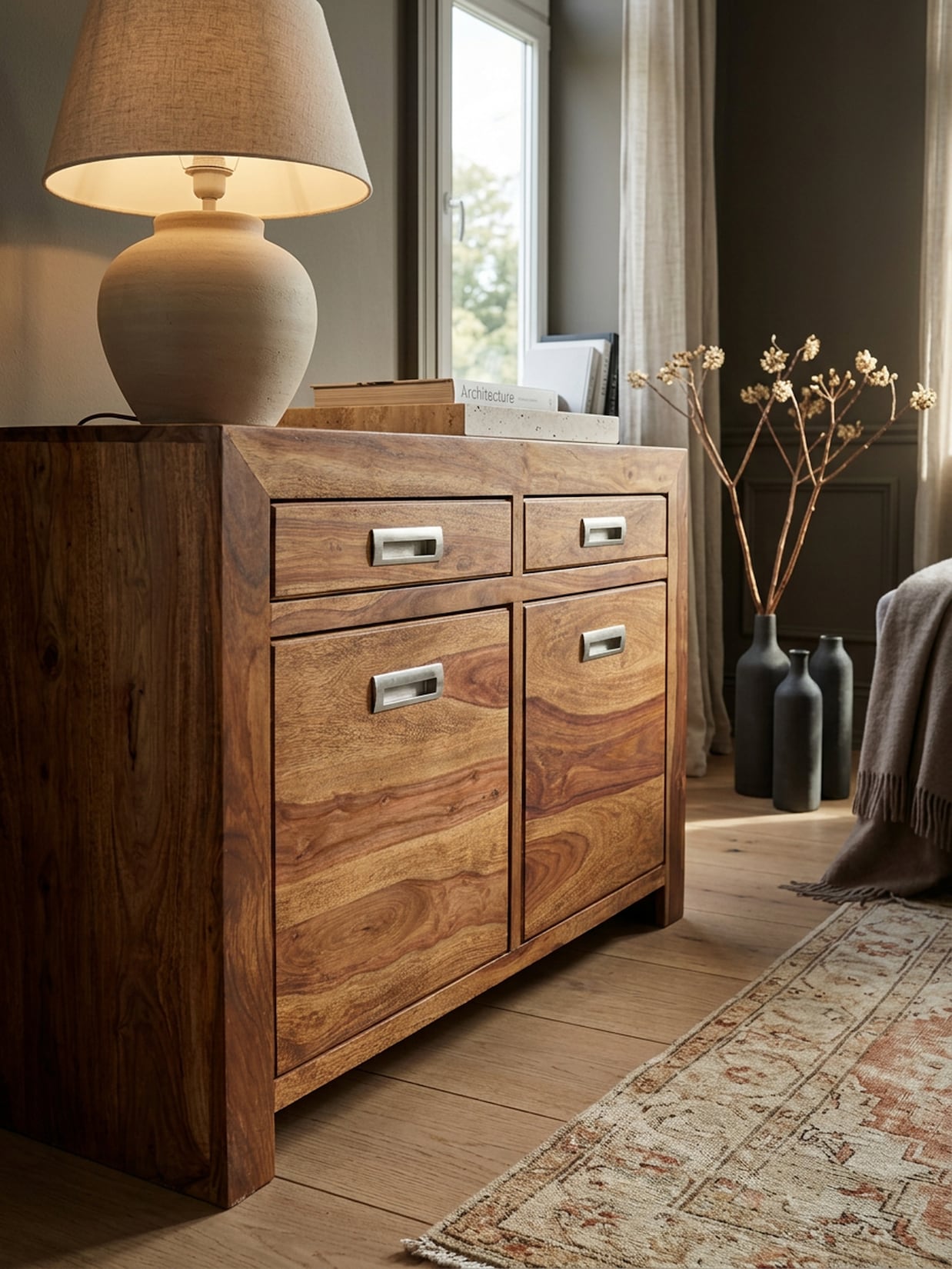 Sideboard – MUMBAI, Massivholz, 90 cm, 2 Schubladen, 2 Türen, Landhausstil