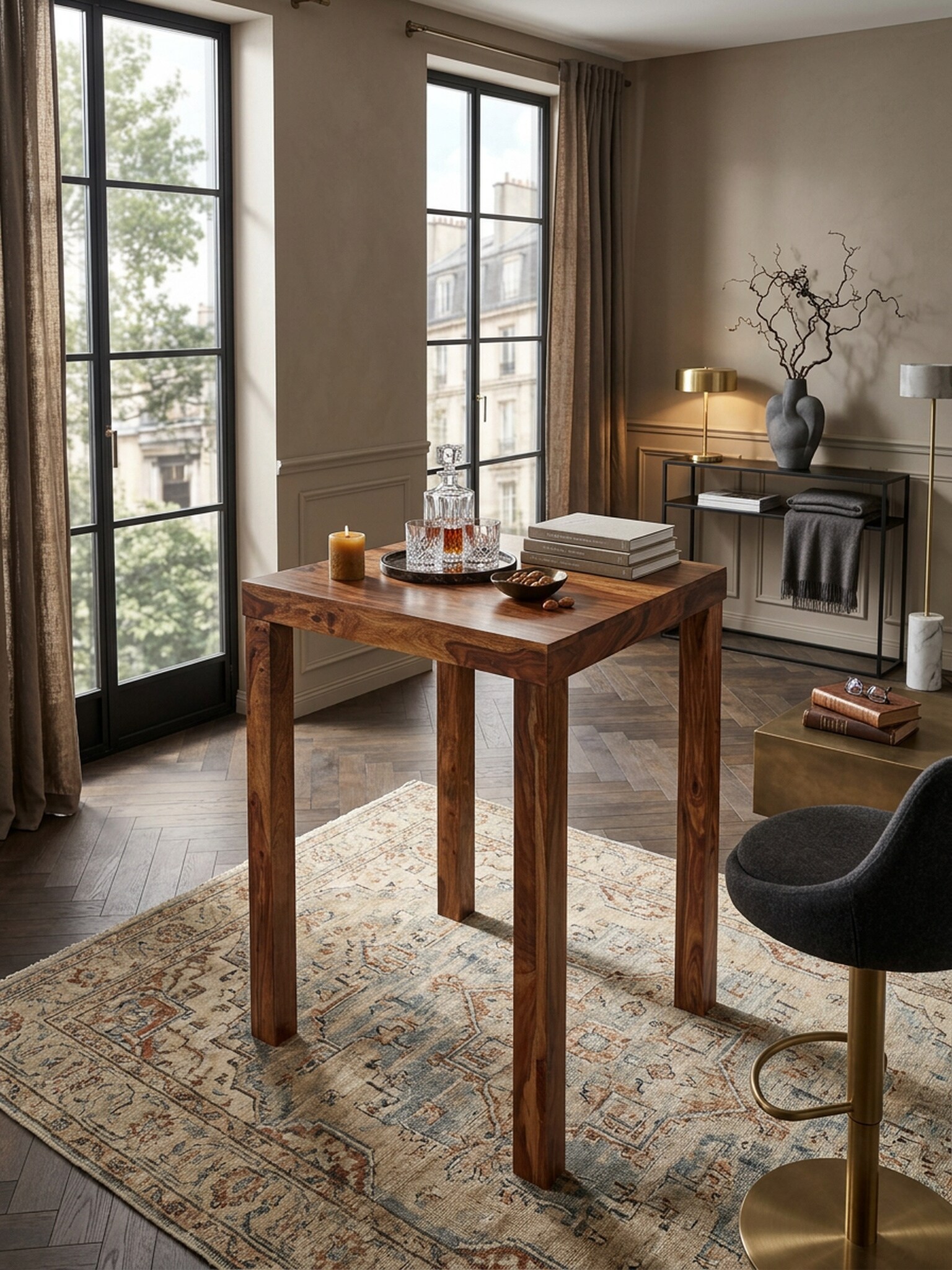 Bartisch &ndash; Massivholz, 80x80x110 cm, dunkelbraun, Landhaus-Stil 