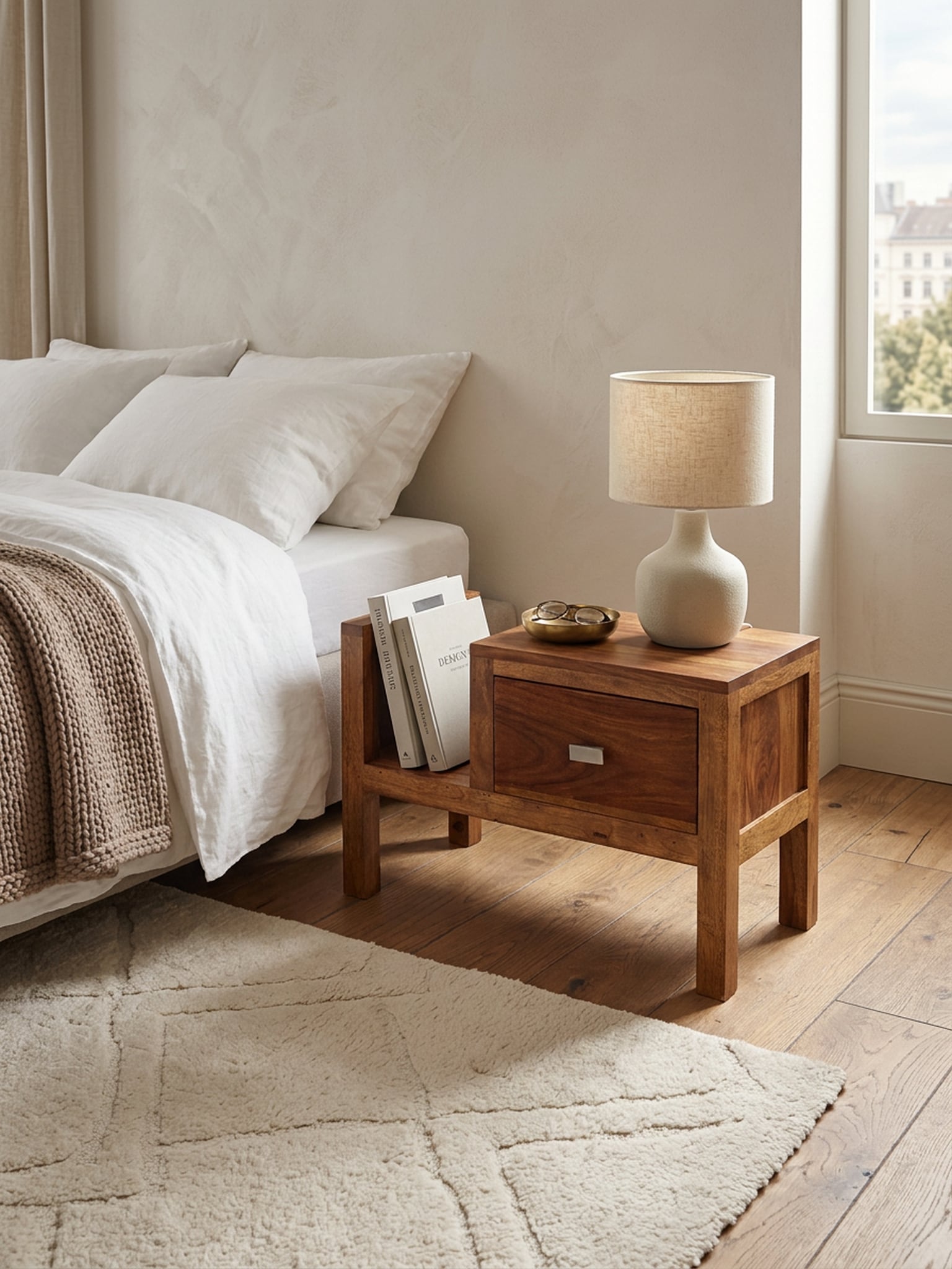 Nachttisch &ndash; Massivholz, 40&nbsp;cm hoch, Schublade & Ablagefach, Landhausstil 