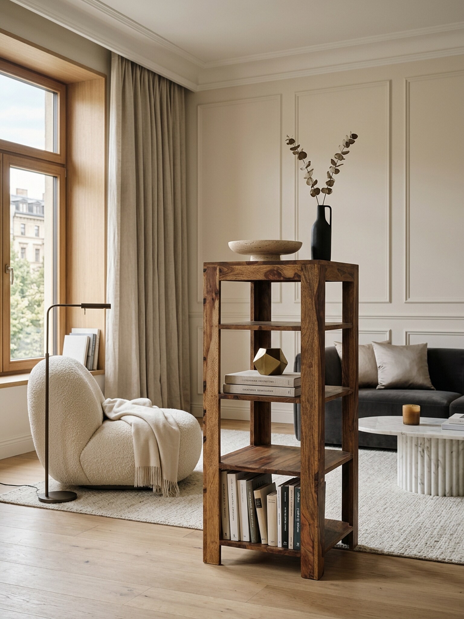 Regal Massivholz 4 F&auml;cher Landhausstil MUMBAI, Dunkelbraun 44x44x105 cm 