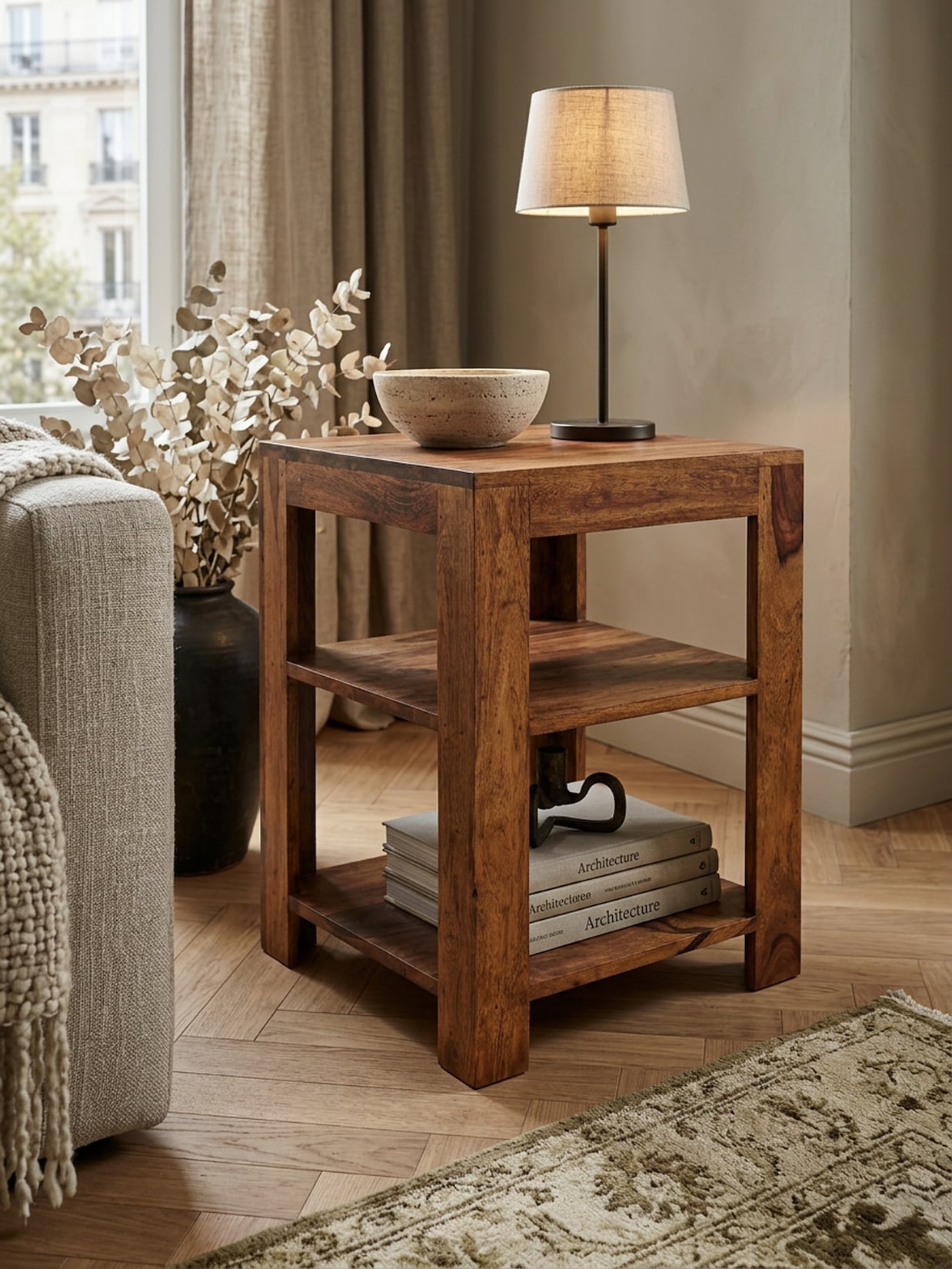 Regal Massivholz 4 Fächer Landhausstil MUMBAI, Dunkelbraun 44x44x60 cm