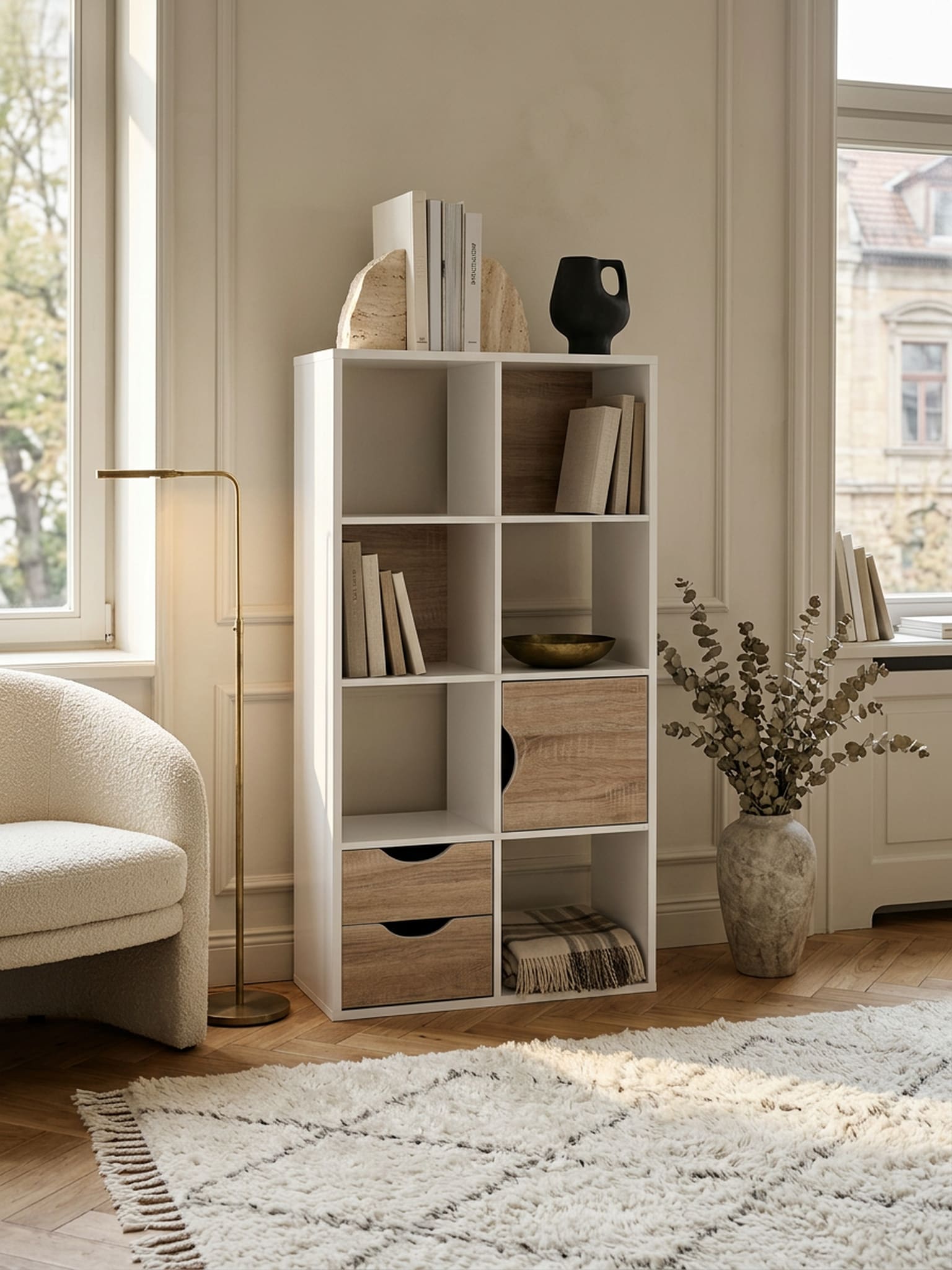 B&uuml;cherregal &ndash; Wei&szlig;/Sonoma Eiche, 60x120x29&nbsp;cm, mit Schubladen und T&uuml;r 