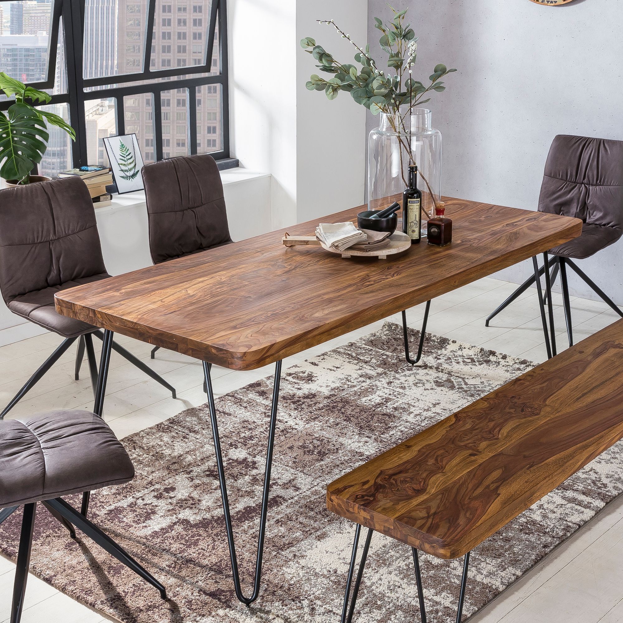 Esstisch Massivholz Metallbeine Rechteckig Landhausstil BAGLI, Dunkelbraun 80x200x76 cm 