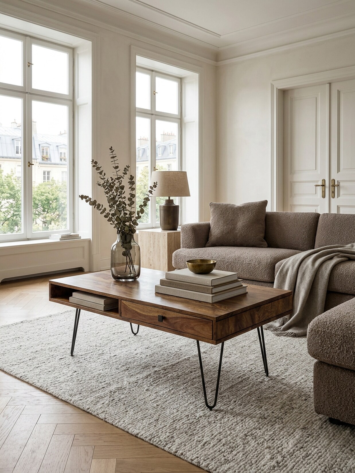 Couchtisch Massivholz mit Metallbeinen im Landhausstil, Dunkelbraun 60x110x40 cm