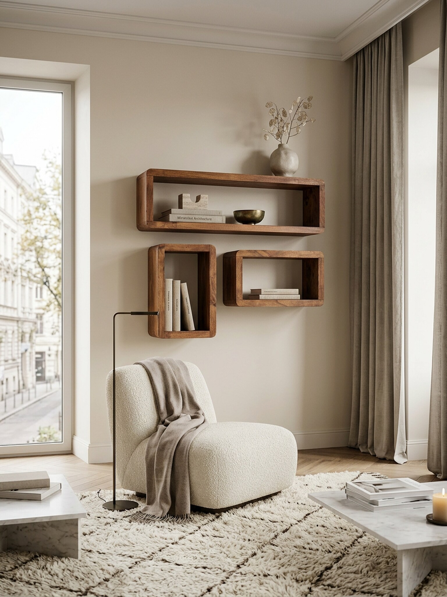 Wandregal Set BOHA Massivholz Viereckig Landhausstil, Dunkelbraun 80x15x20 cm 