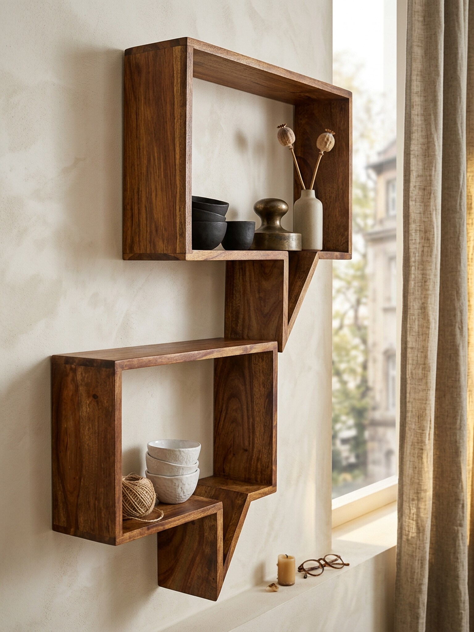 Wandregal Set MUMBAI Massivholz H&auml;ngend Landhausstil, Dunkelbraun 50x13x49 cm 