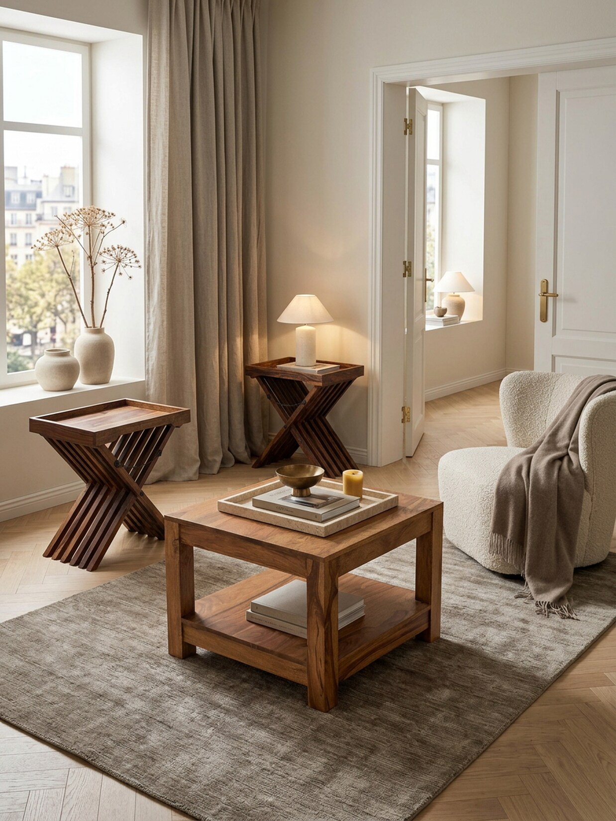 Couchtisch MUMBAI aus Massivholz – Landhausstil im kompakten Design, Akazie 60x60x45 cm