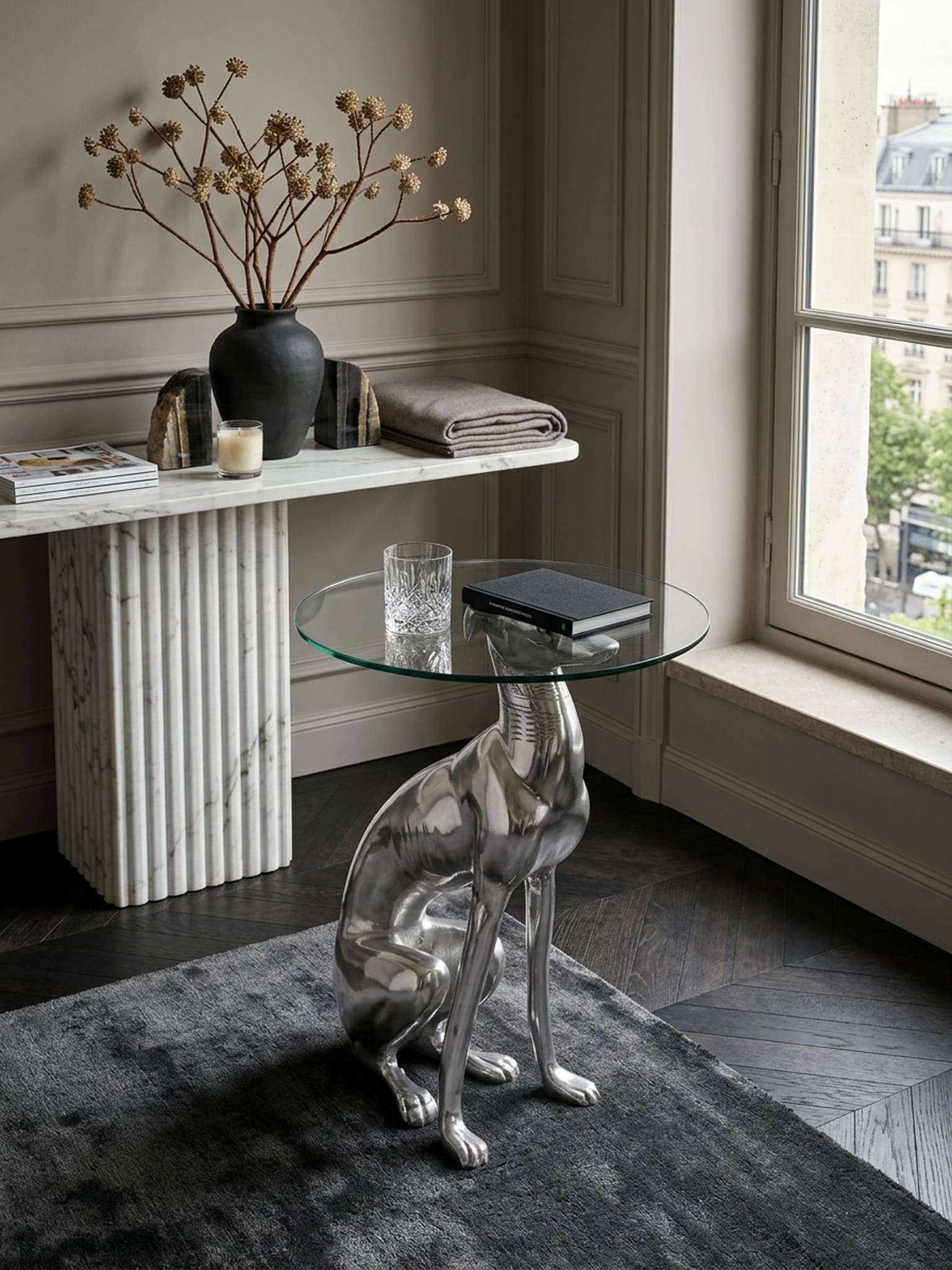 Beistelltisch &ndash; Aluminium Silber Figur Hund 