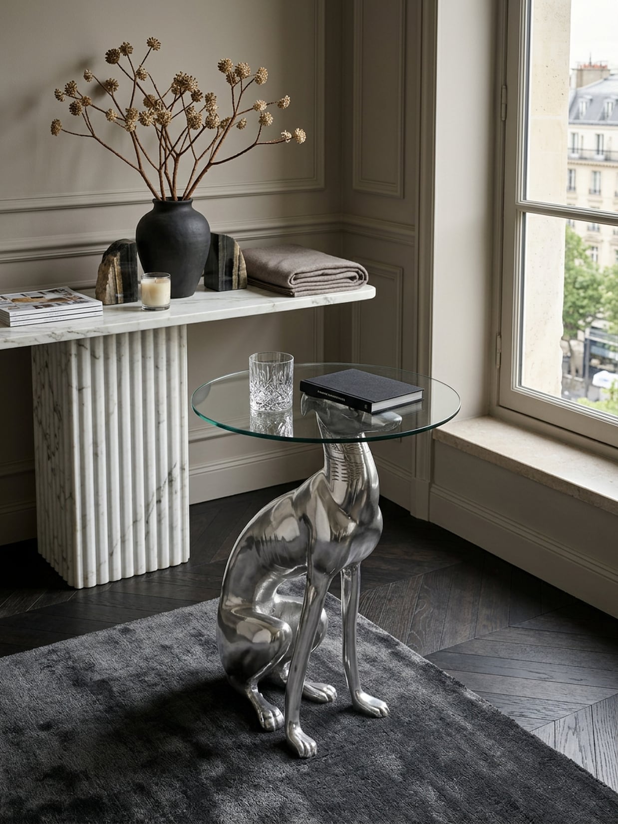 Beistelltisch – Aluminium Silber Figur Hund