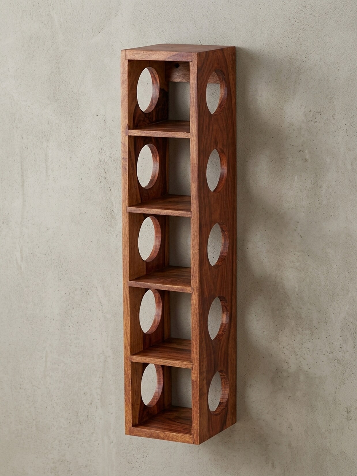 Weinregal MUMBAI Massivholz mit Ablage Wandmontage Modern, Dunkelbraun 15x15x70 cm