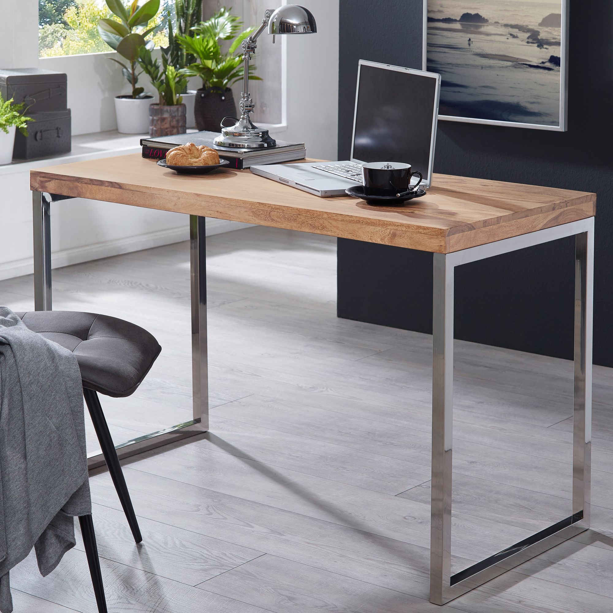 Schreibtisch Massivholz Metallbeine Landhausstil GUNA, Akazie 60x120x76 cm 