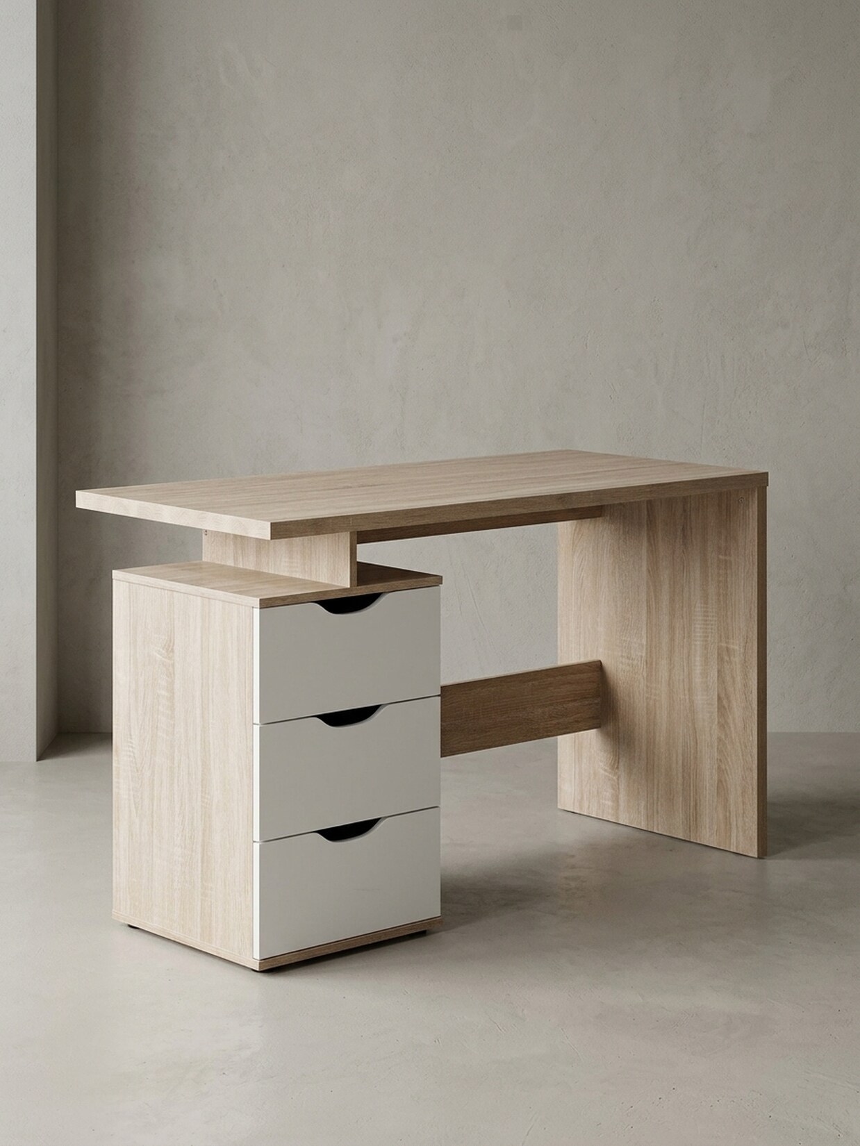 Schreibtisch – Sonoma Weiß, 120x76x53 cm, 3 Schubladen, kompakt, mit Ablage
