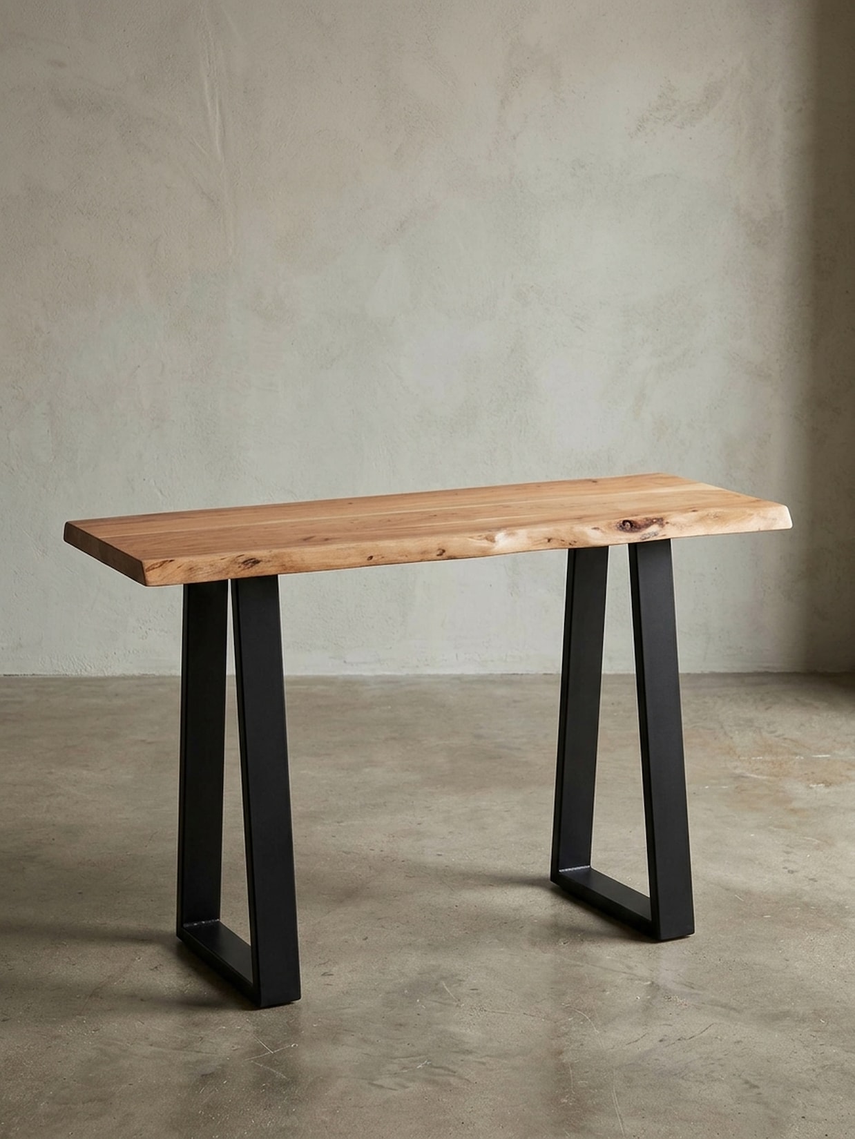Konsolentisch – Akazie Massivholz, 120 cm breit, 2 Metallbeine, mit Baumkante, Landhausstil
