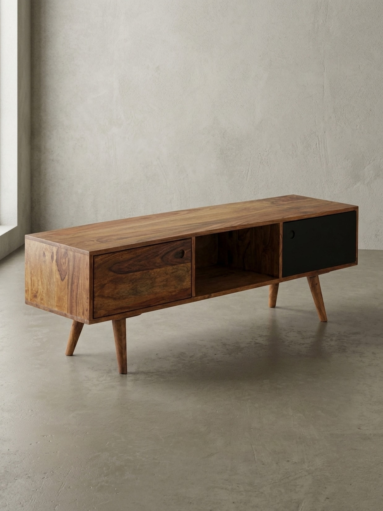TV-Lowboard Massivholz, 2 Türen und Fach, Vintage-Stil, Schwarz 140x35x45 cm