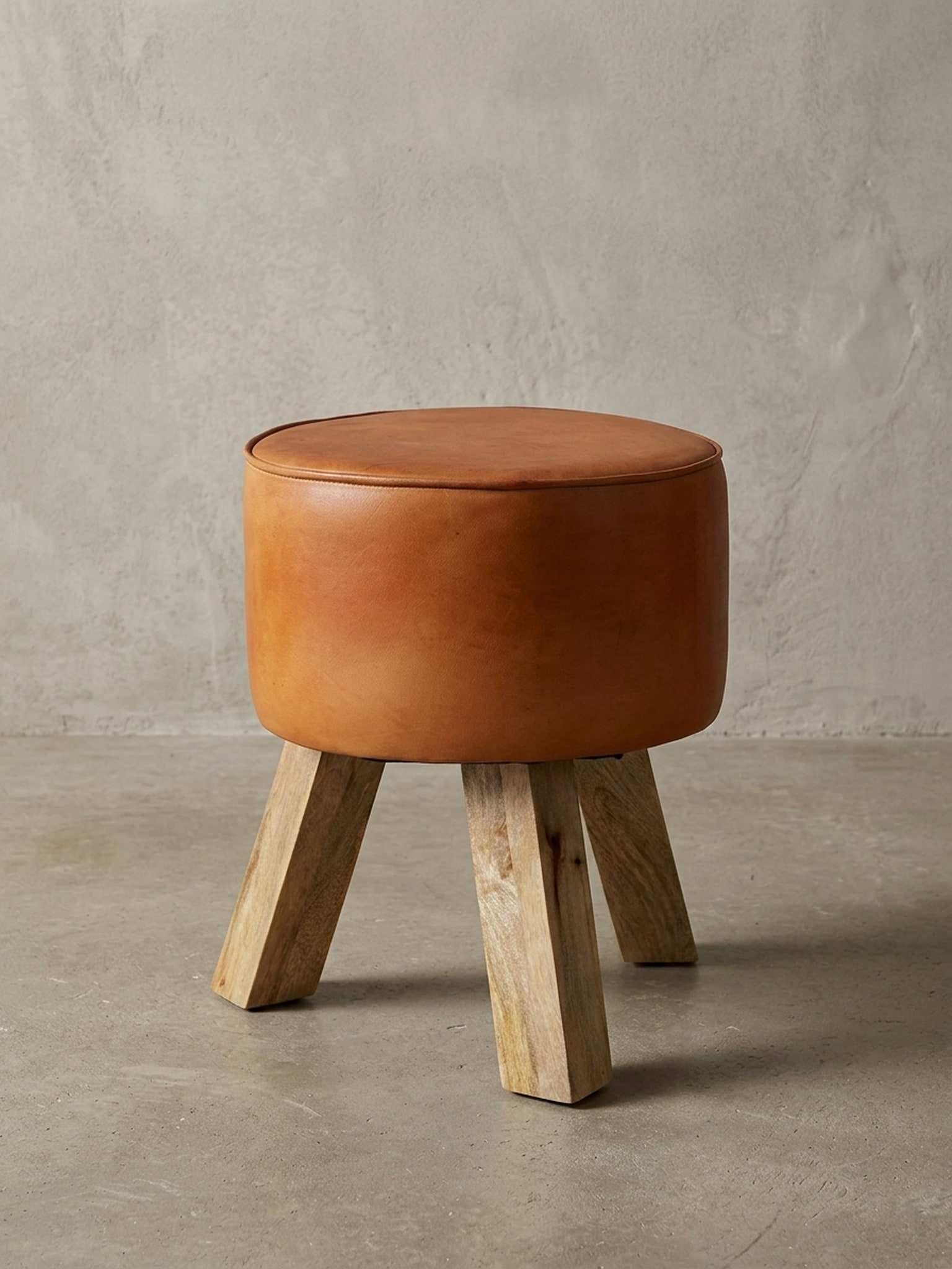 Sitzhocker &ndash; Holz/Echtleder, 37x45x37 cm, modern, rund 