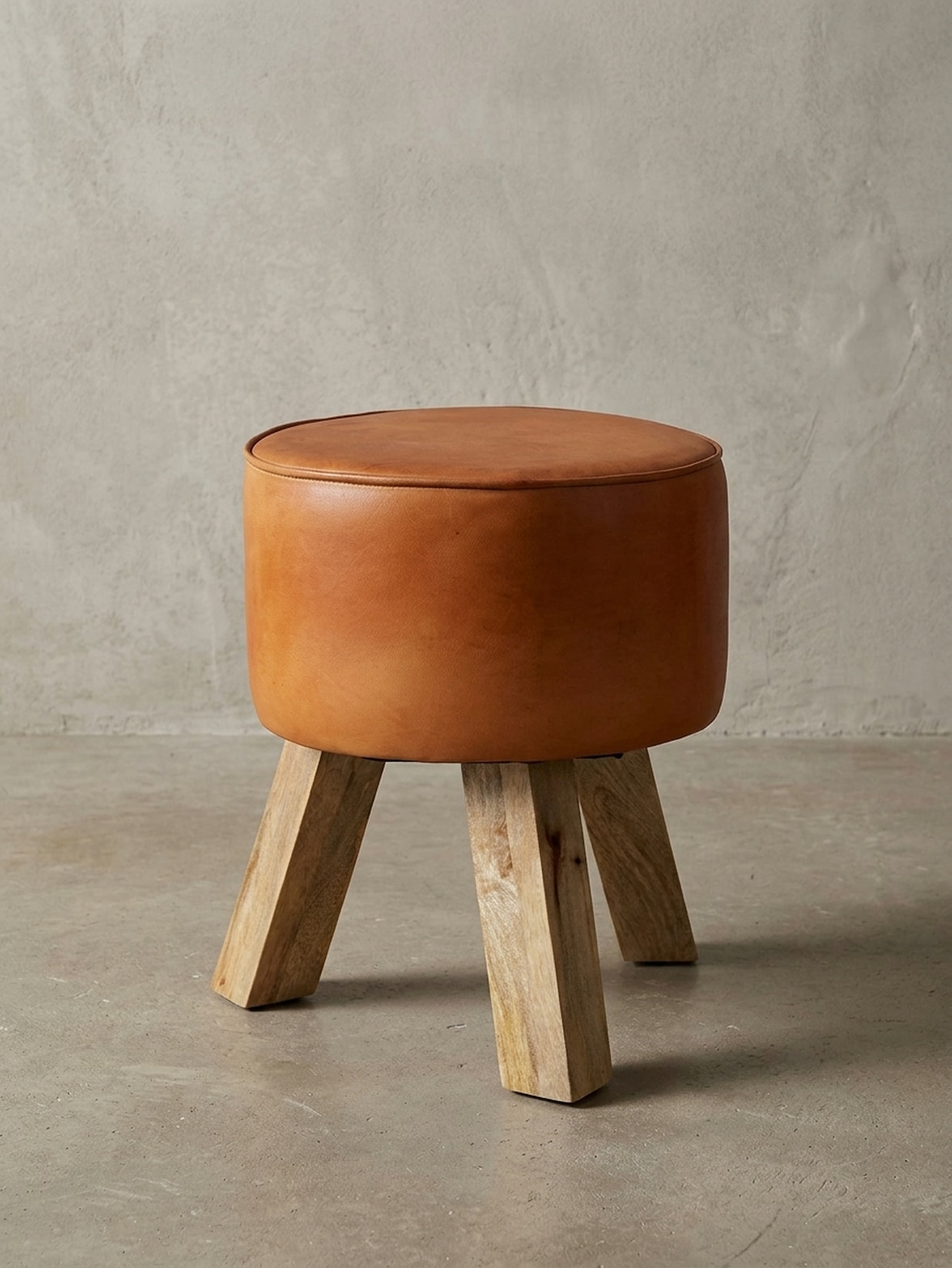 Sitzhocker – Holz/Echtleder, 37x45x37 cm, modern, rund