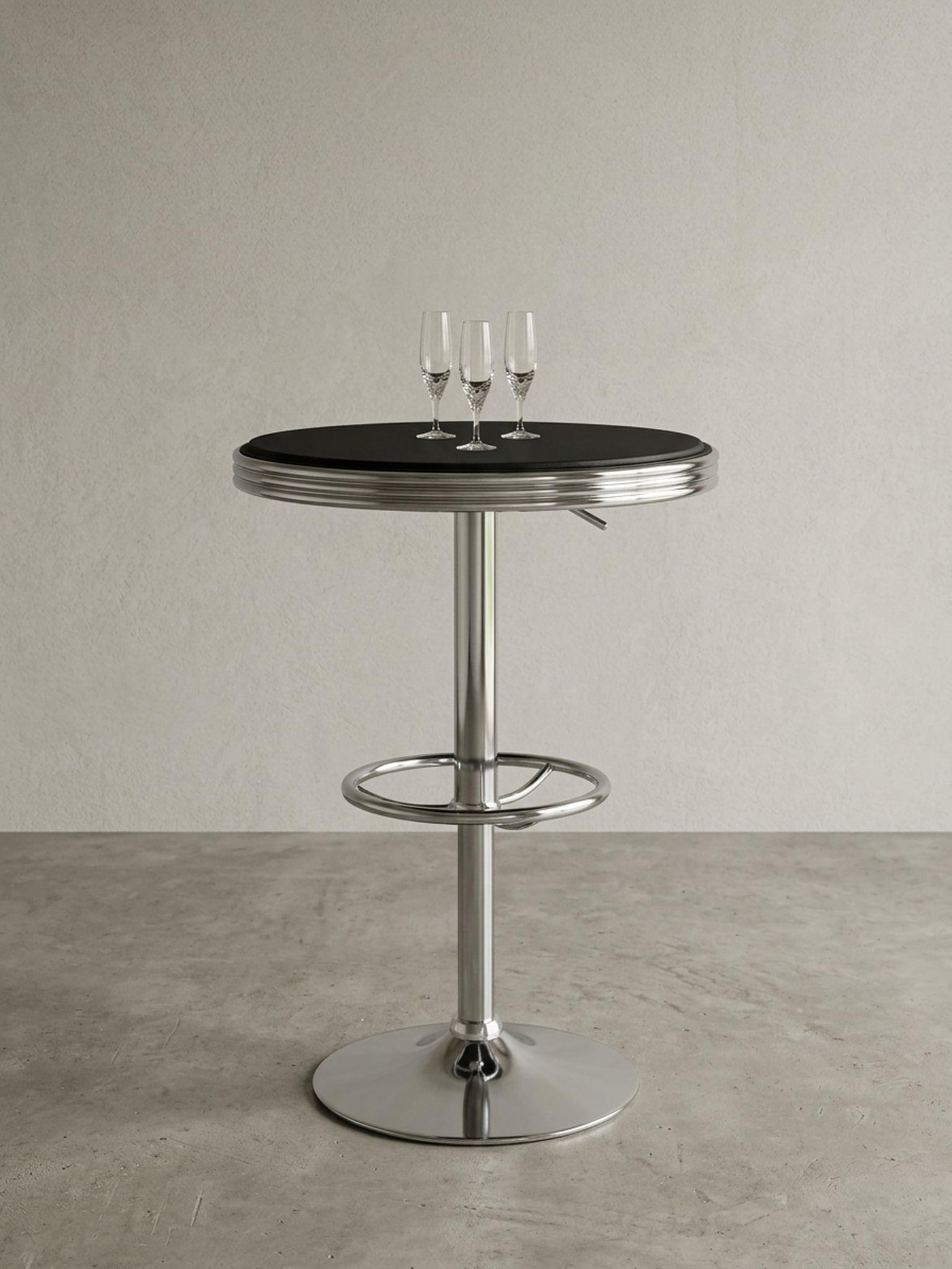 Bartisch &ndash; &Oslash; 60 cm, Schwarz/Silber, Kunstleder, Aluminium, Retro-Stil 
