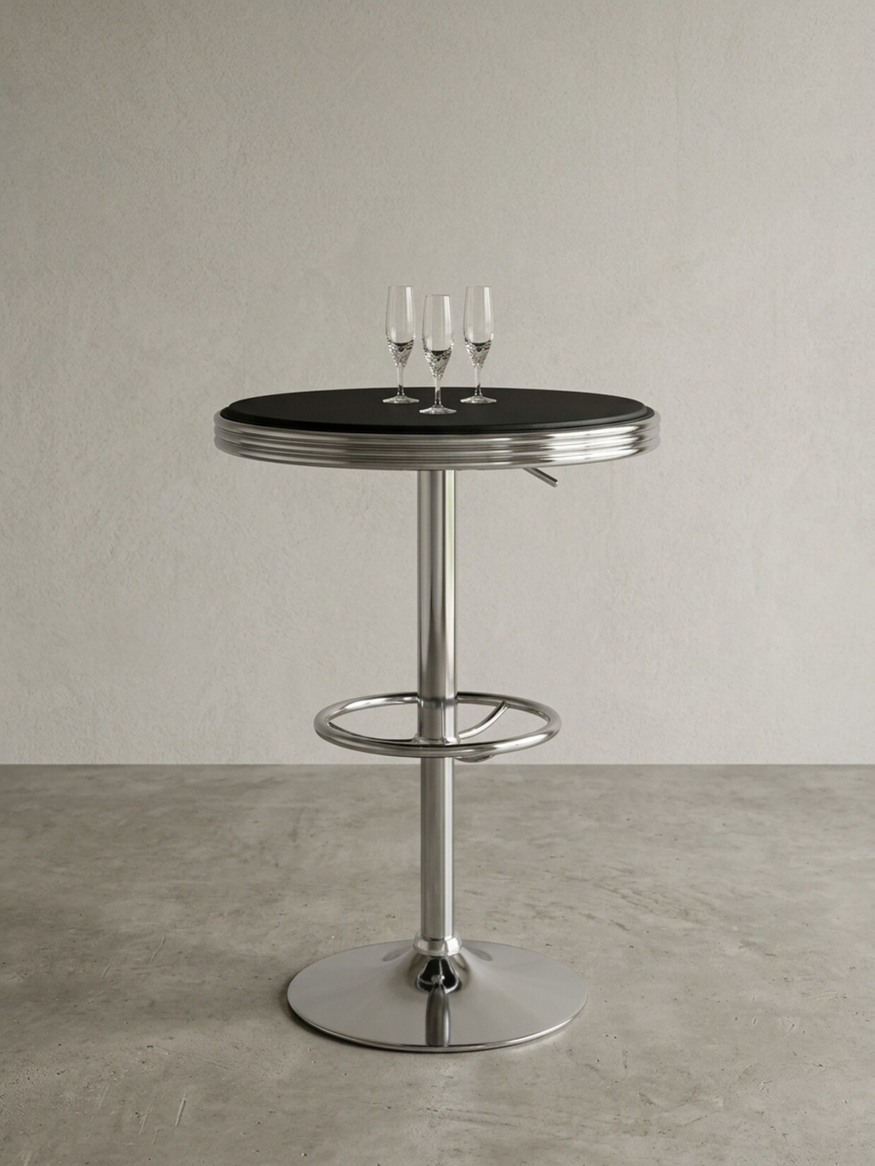 Bartisch – Ø 60 cm, Schwarz/Silber, Kunstleder, Aluminium, Retro-Stil
