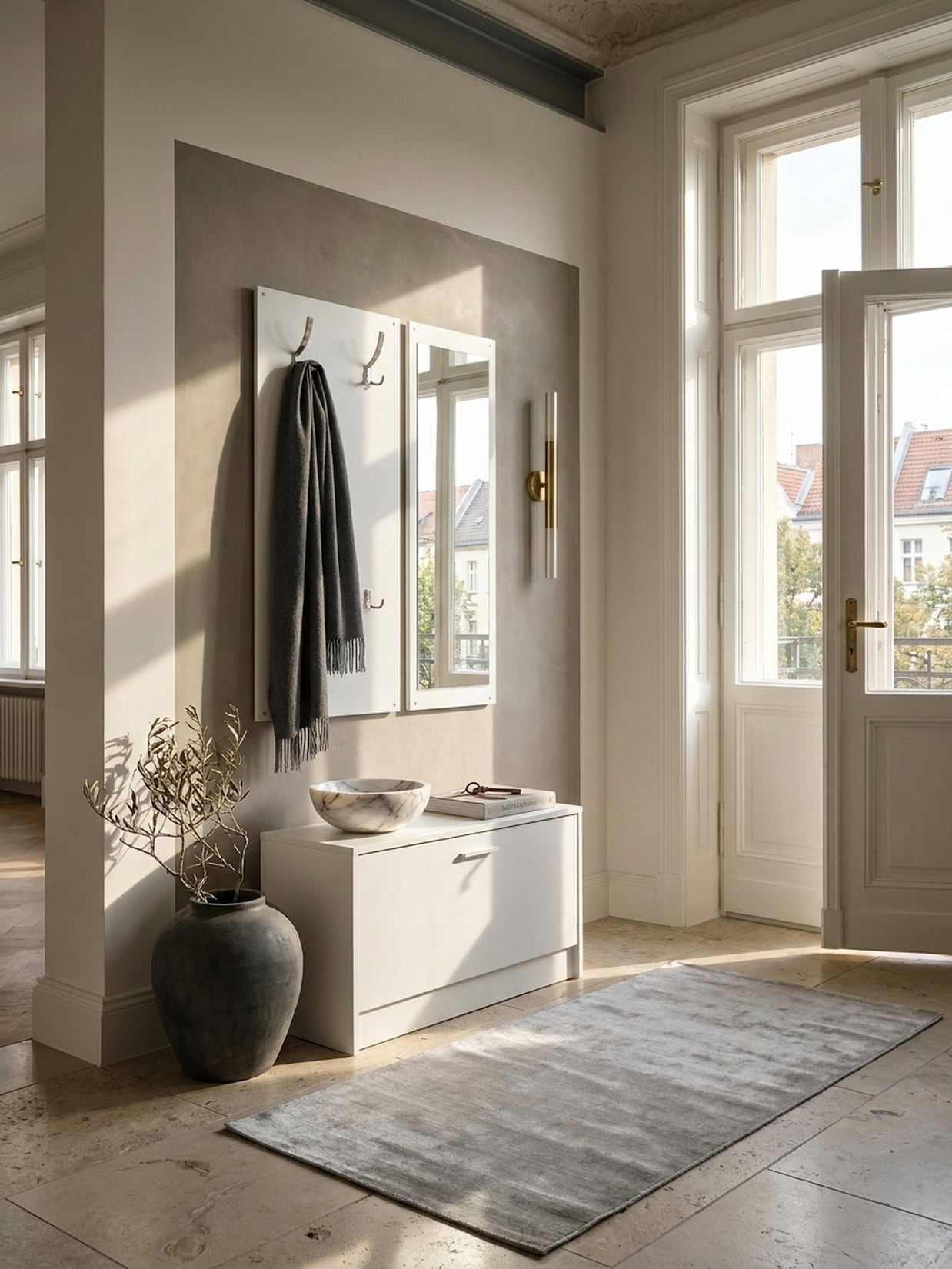 Wandgarderobe mit Spiegel und Schuhschrank SALERNO, Weiß 80x27x180 cm