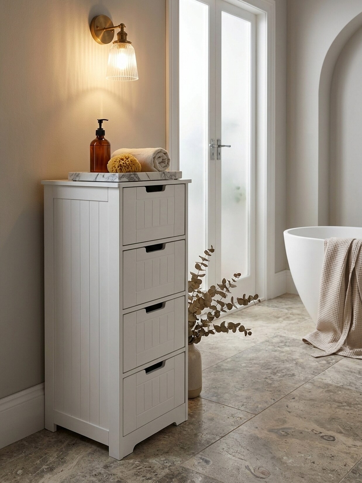 Badschrank Weiß 30x83x30 cm im Landhausstil aus MDF mit 4 Schubladen PATTI
