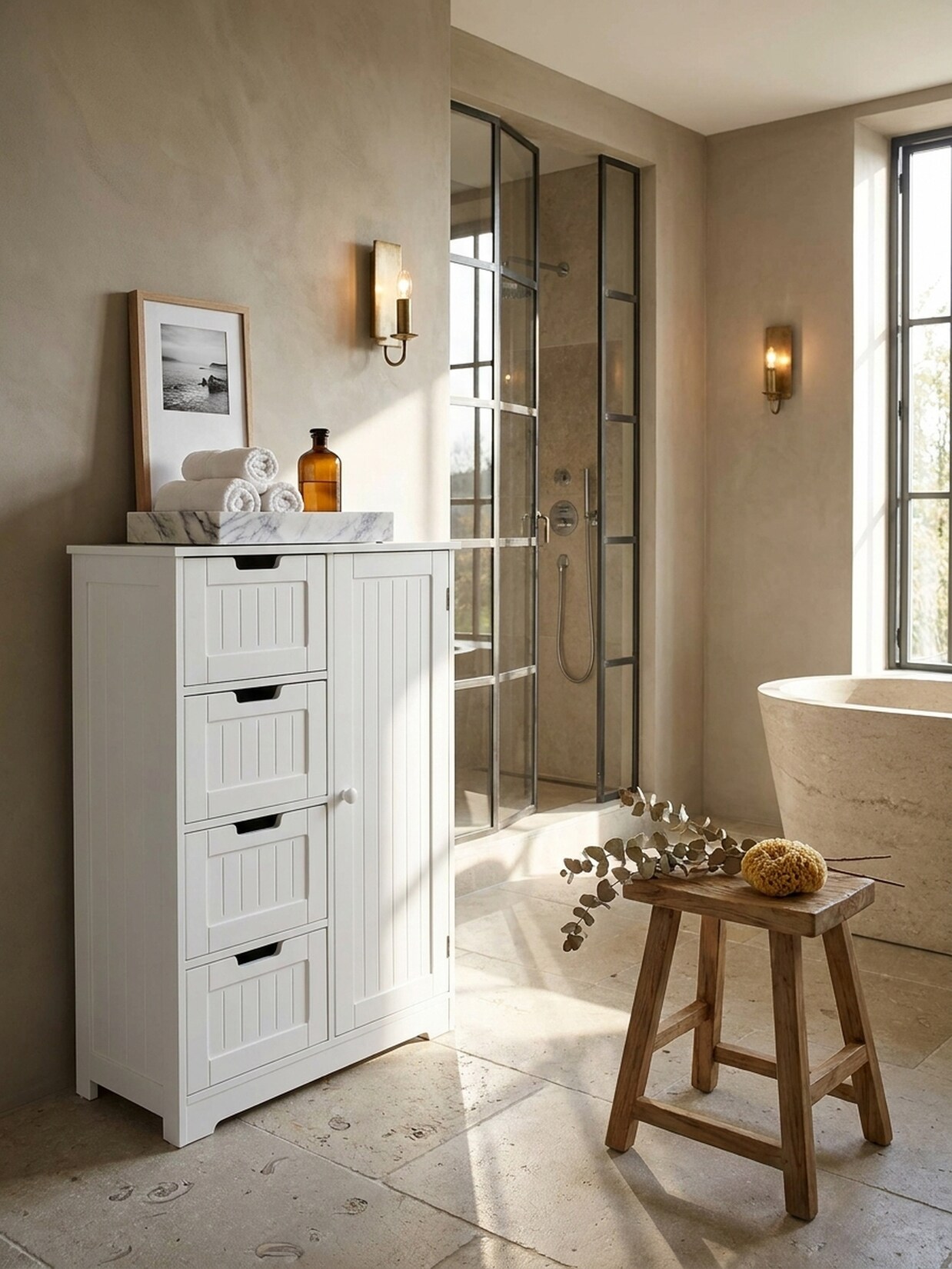Badschrank Weiß 56 x 83 x 30 cm im Landhausstil aus MDF mit 4 Schubladen und 1 Tür PATTI