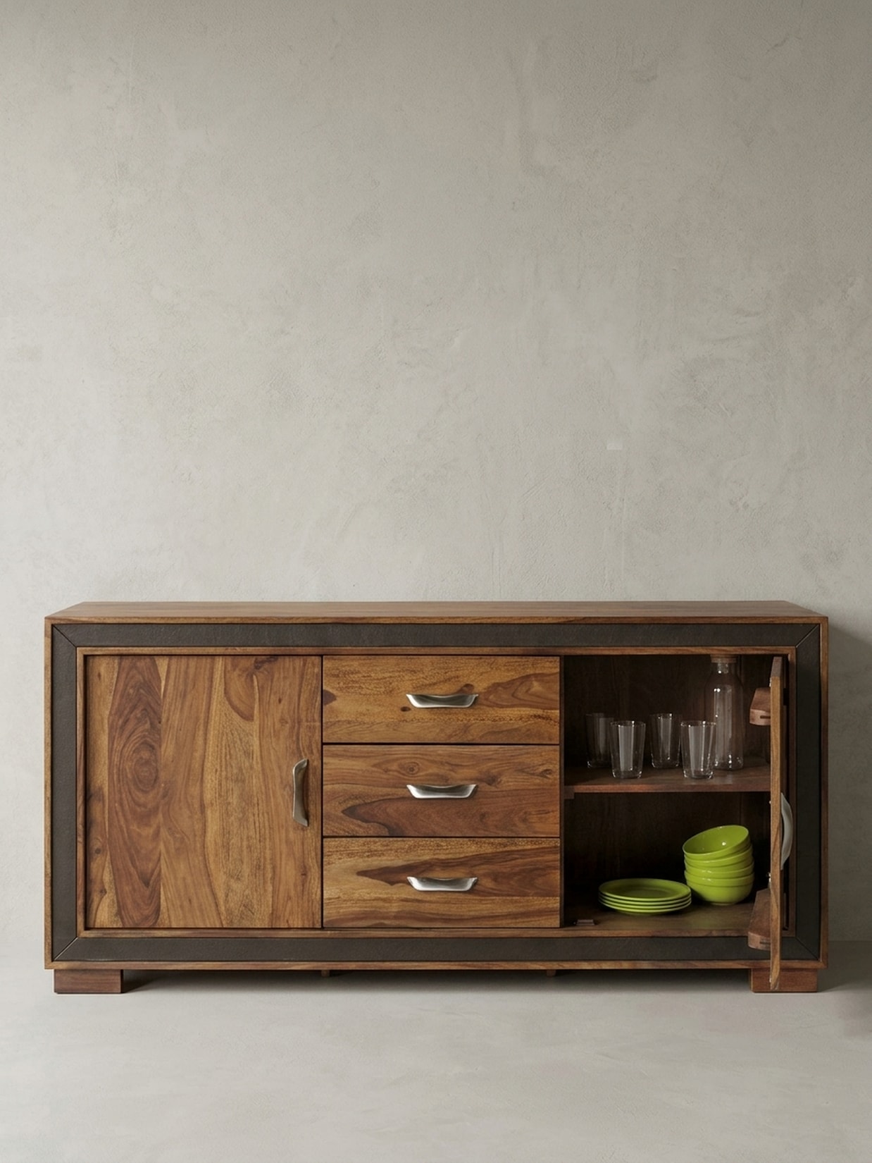 Sideboard – Massivholz mit Kunstleder, 160x44x80 cm, rustikal, mit Türen und Schubladen