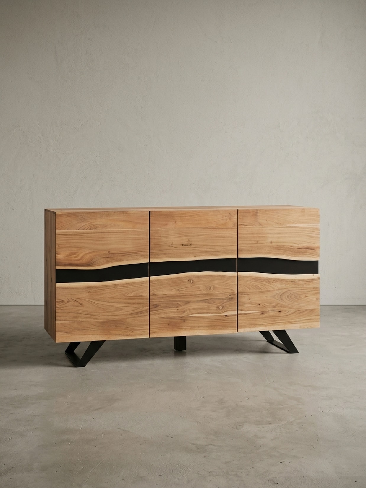 Sideboard – Akazie Massivholz, 148x85x43 cm, mit Baumkante, 3 Türen, Landhausstil