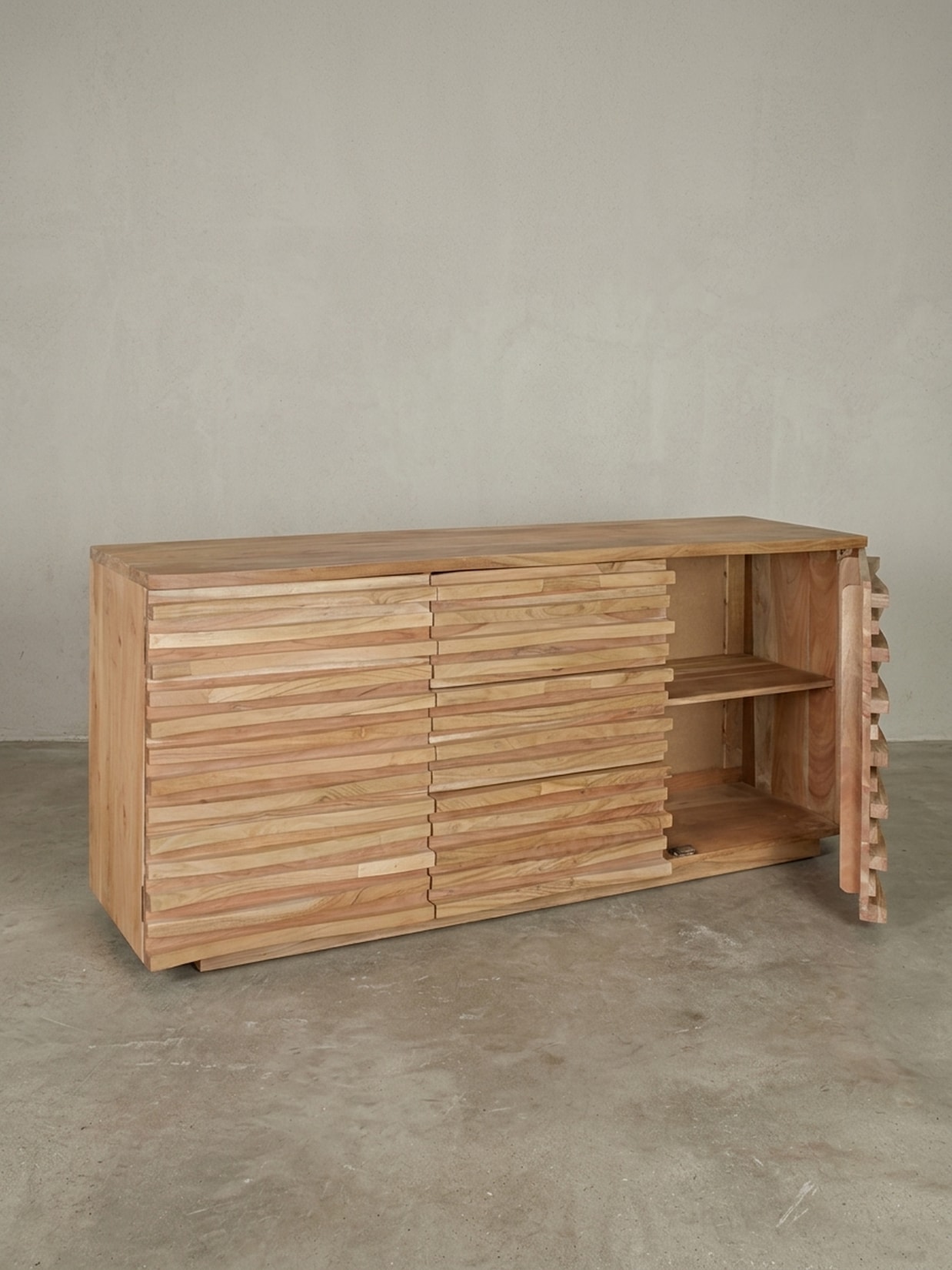 Sideboard – Akazie Massivholz, 160x75x43 cm, Baumkante, mit Schubladen und Türen, breit