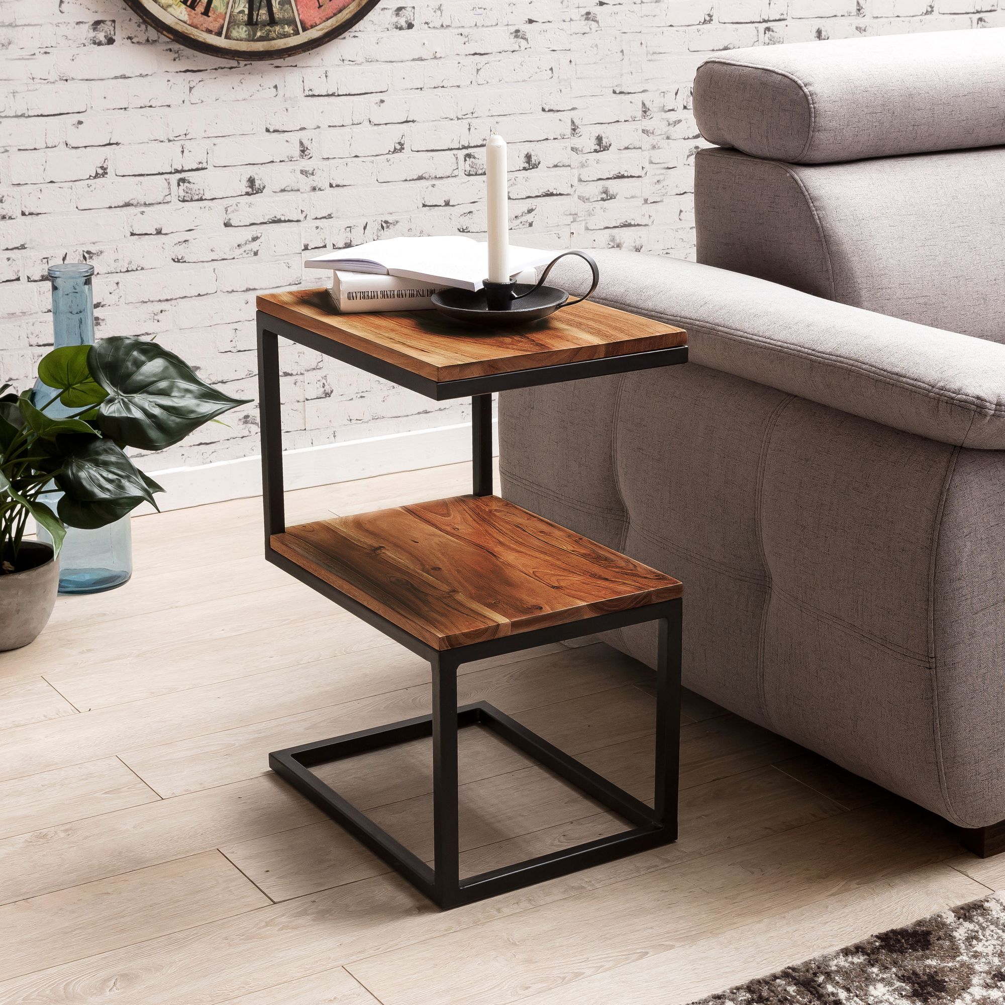Beistelltisch Massivholz Metall S-Form Landhausstil AKOLA, Dunkelbraun 30x45x60 cm 
