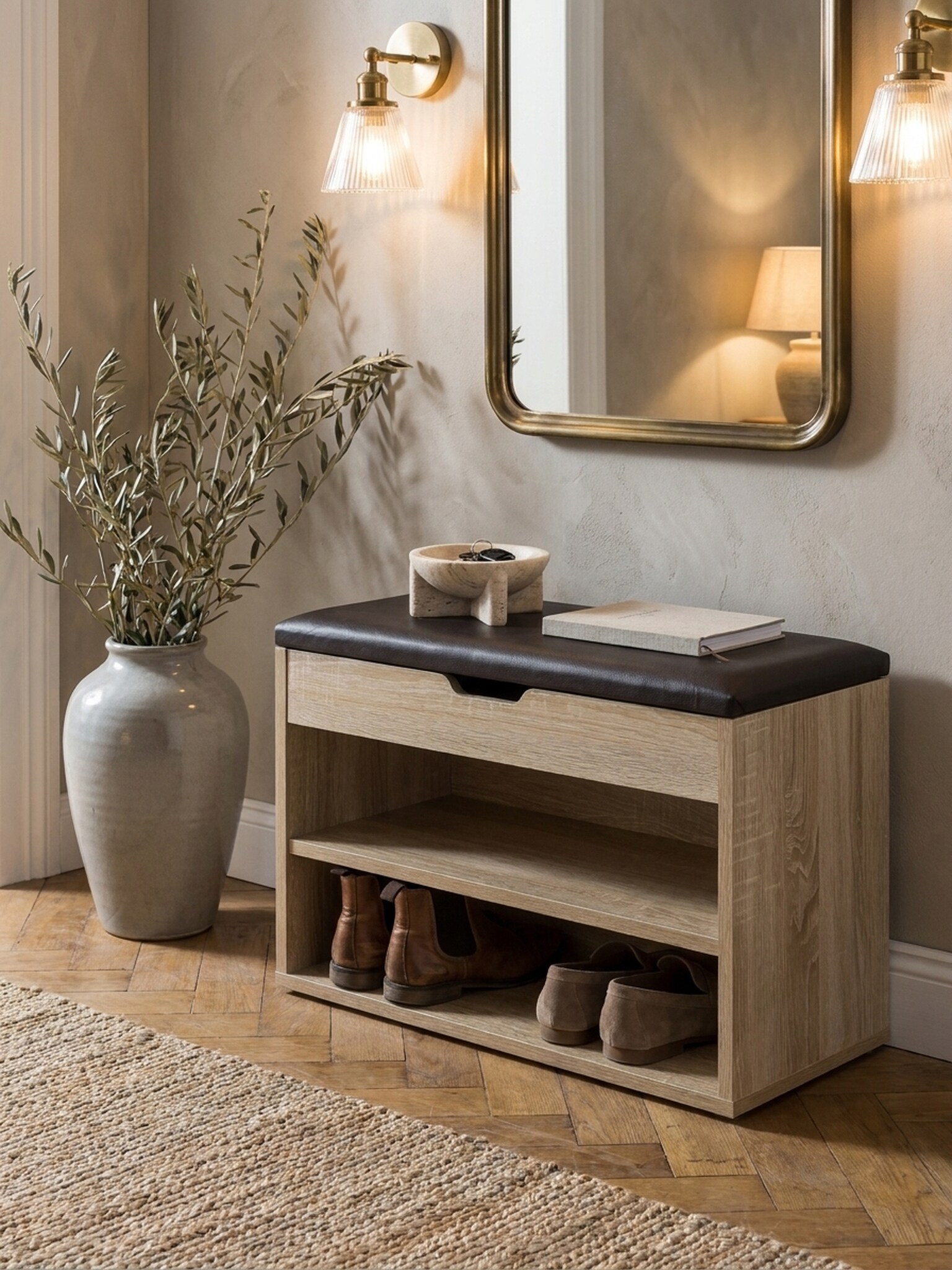 Schuhbank Holz gepolstert mit Stauraum schmal, Sonoma 60x30x40 cm 