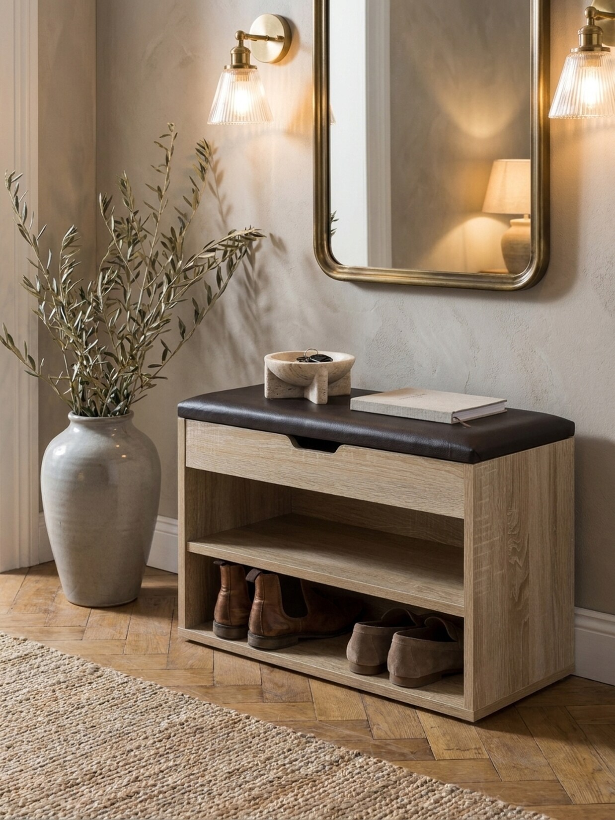 Schuhbank Holz gepolstert mit Stauraum schmal, Sonoma 60x30x40 cm