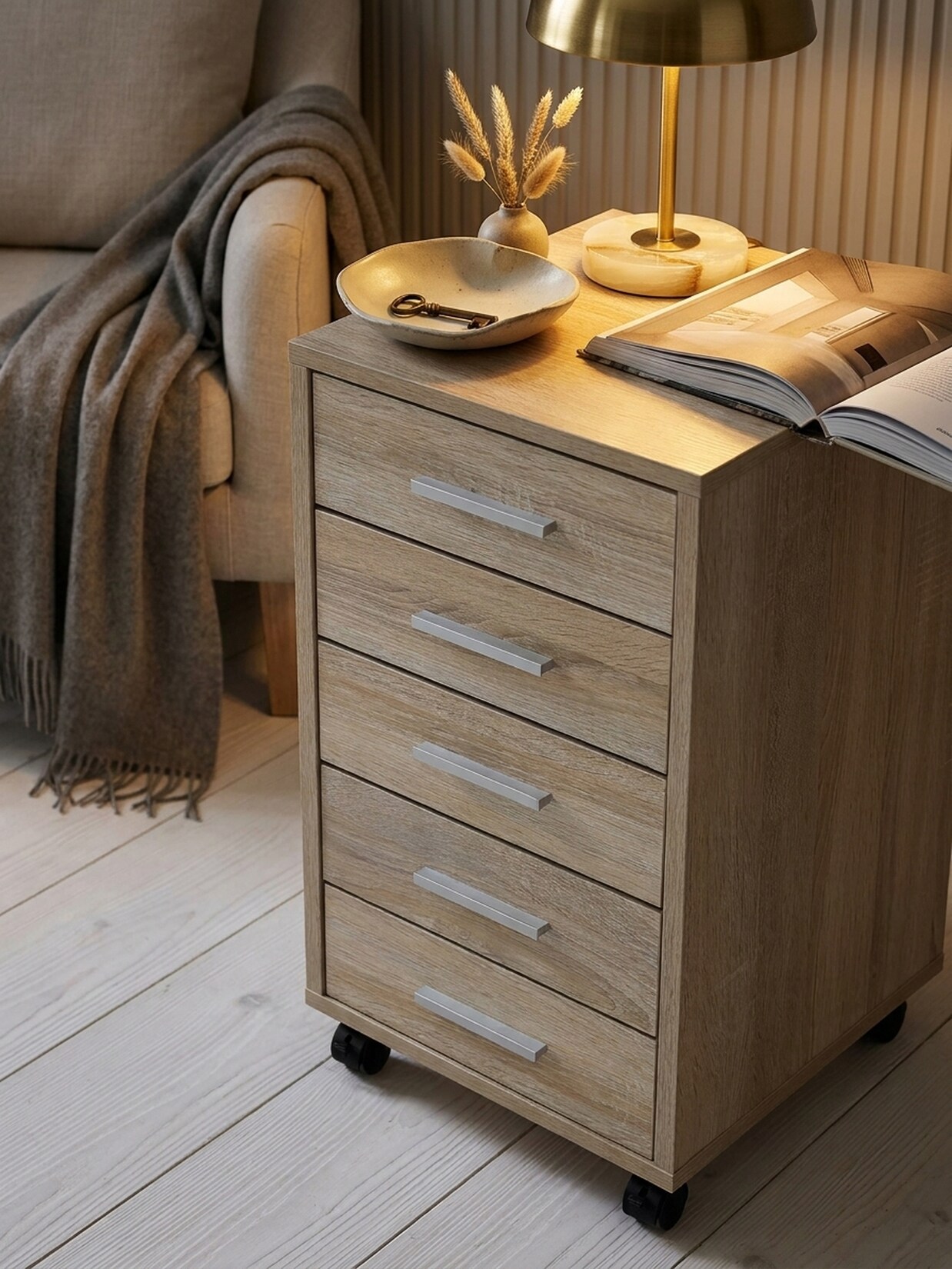 Rollcontainer Holz 5 Schubladen Schmal Mit Rollen, Sonoma 33x38x63 cm