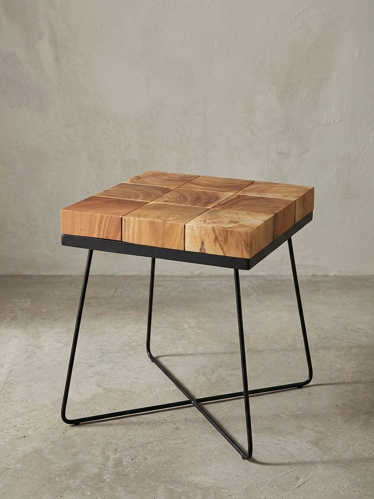Beistelltisch – Akazie Massivholz braun, Metallgestell, 45x45x51 cm, quadratisch