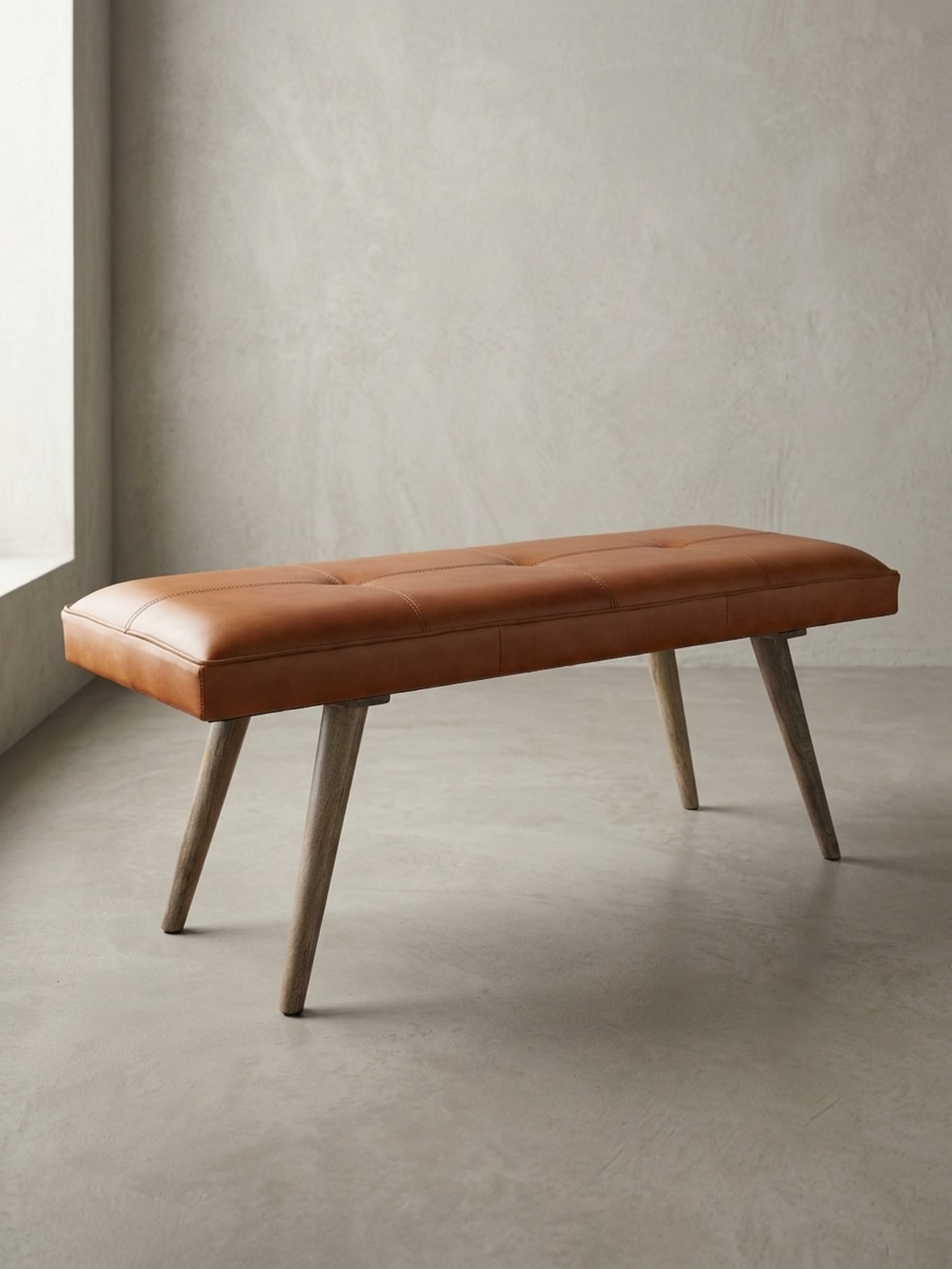 Sitzbank – Ziegenleder/Massivholz, 117x51x38 cm, Braun, ohne Lehne