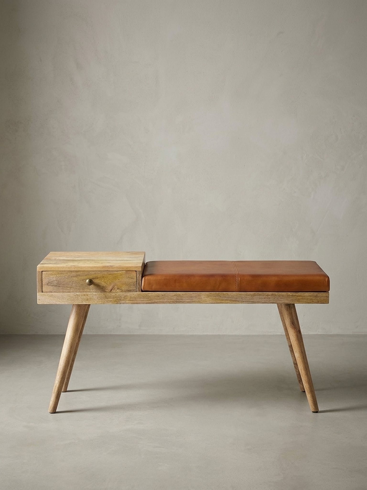 Sitzbank &ndash; Ziegenleder/Massivholz, 100x52x38 cm, Braun, mit Stauraum 