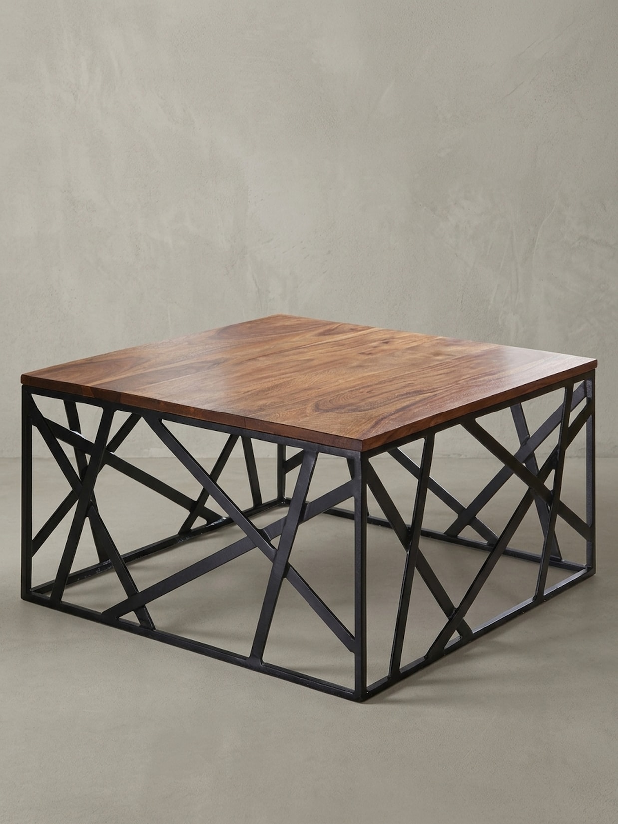 Couchtisch Quadratisch in Braun-Schwarz, Massivholz-Metall, 60x35x60 cm, Industrial Style
