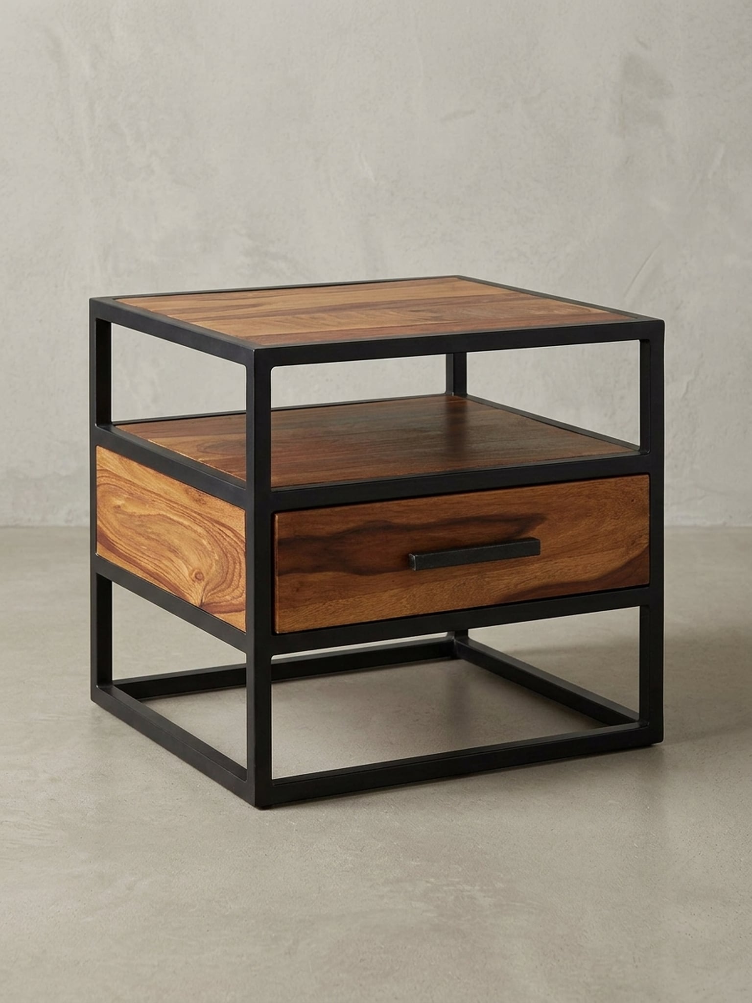 Nachttisch &ndash; Massivholz/Metall, 50x45x45&nbsp;cm, Schublade, Industrial-Stil 