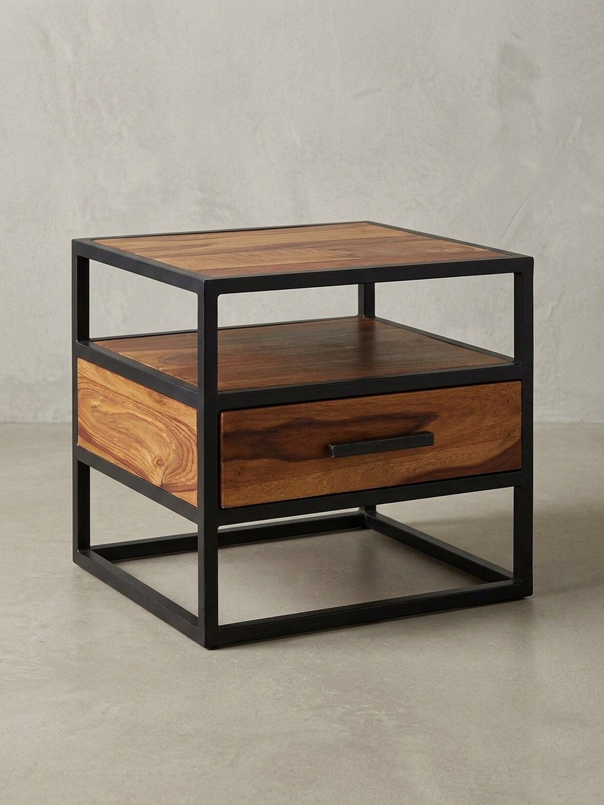 Nachttisch – Massivholz/Metall, 50x45x45 cm, Schublade, Industrial-Stil